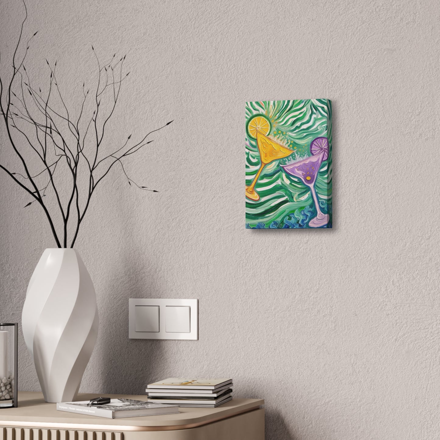 Canvas Wall Art - Yellow and Purple floating Cocktails - Artistic Painterly Style - Impasto Design Print - 'Green Rush'