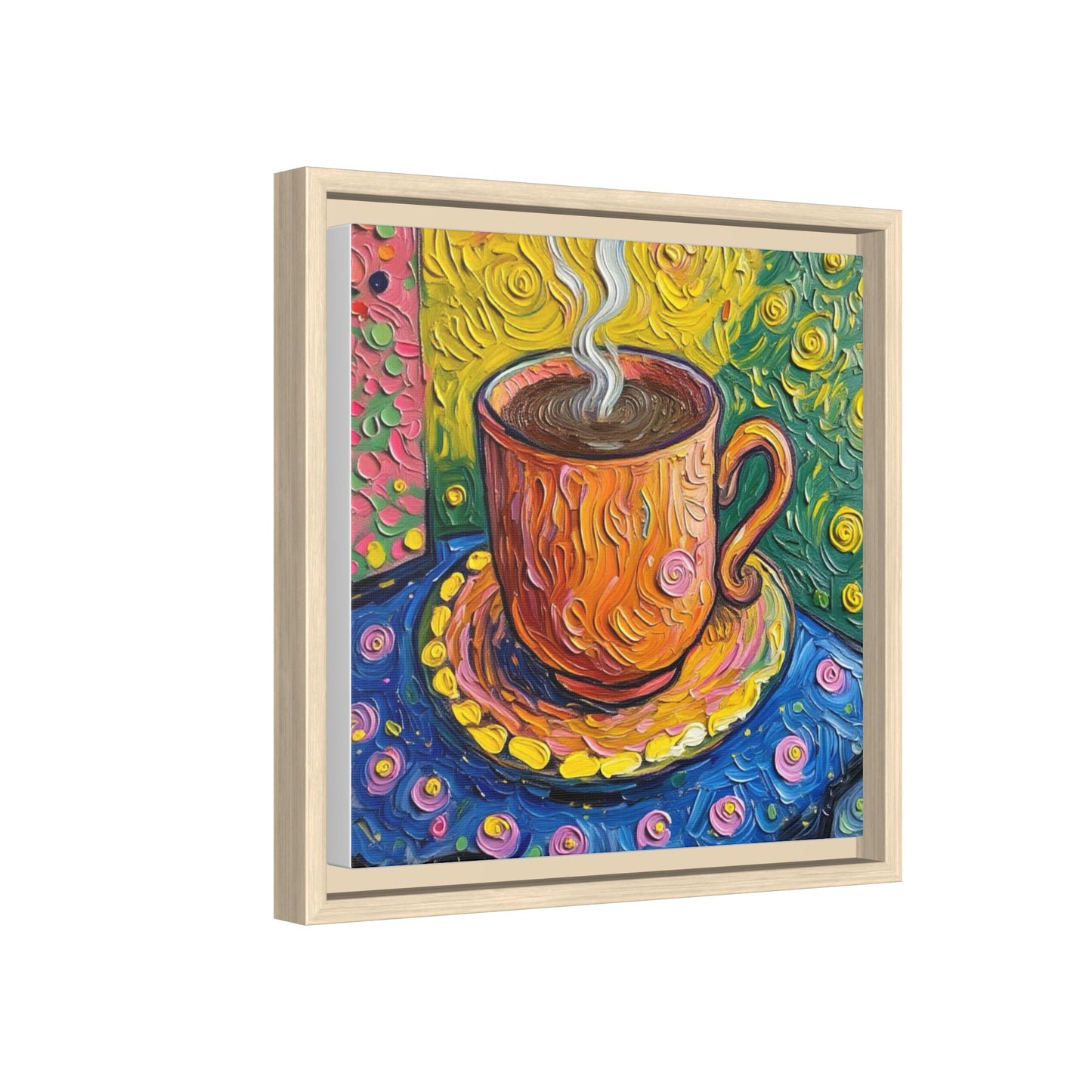 Framed Matte Canvas Art - Colorful Whimsical Coffee Cup Painting