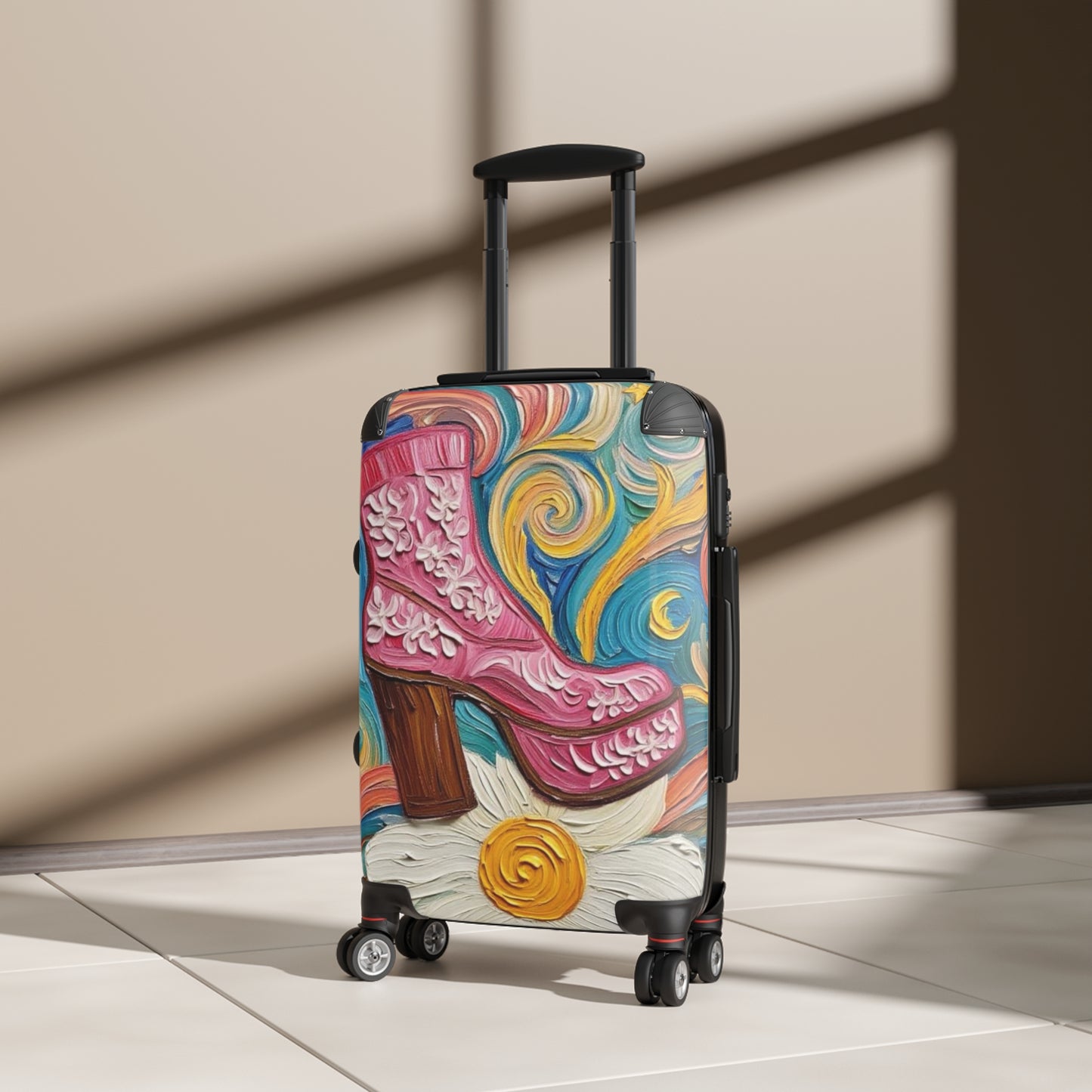 Luggage - Suitcases - Carry-on - Pink Platform Boot - Artistic Rolling Suitcase Painterly Style Artistic Rolling Suitcase - 'Dancin' on a Daisy