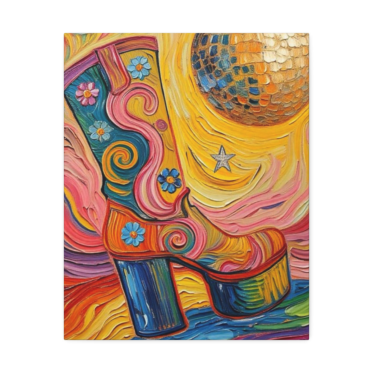 Canvas Wall Art - Colorful Retro Disco High Heel Platform Boot - Painterly Style Design - ' Boogie Nights'