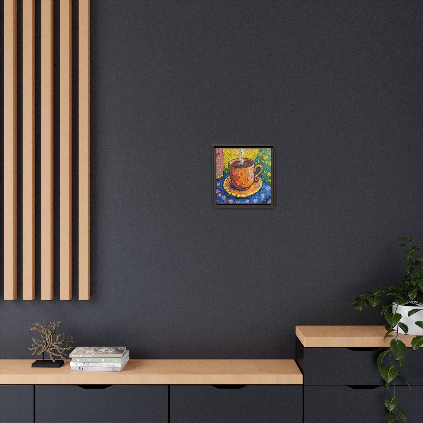 Framed Matte Canvas Art - Colorful Whimsical Coffee Cup Painting