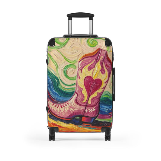 Luggage - Suitcases - Carry-on - Pink Heart Cowgirl Boot Painterly Style Artistic Rolling Suitcase - 'Kick'n up Dust'