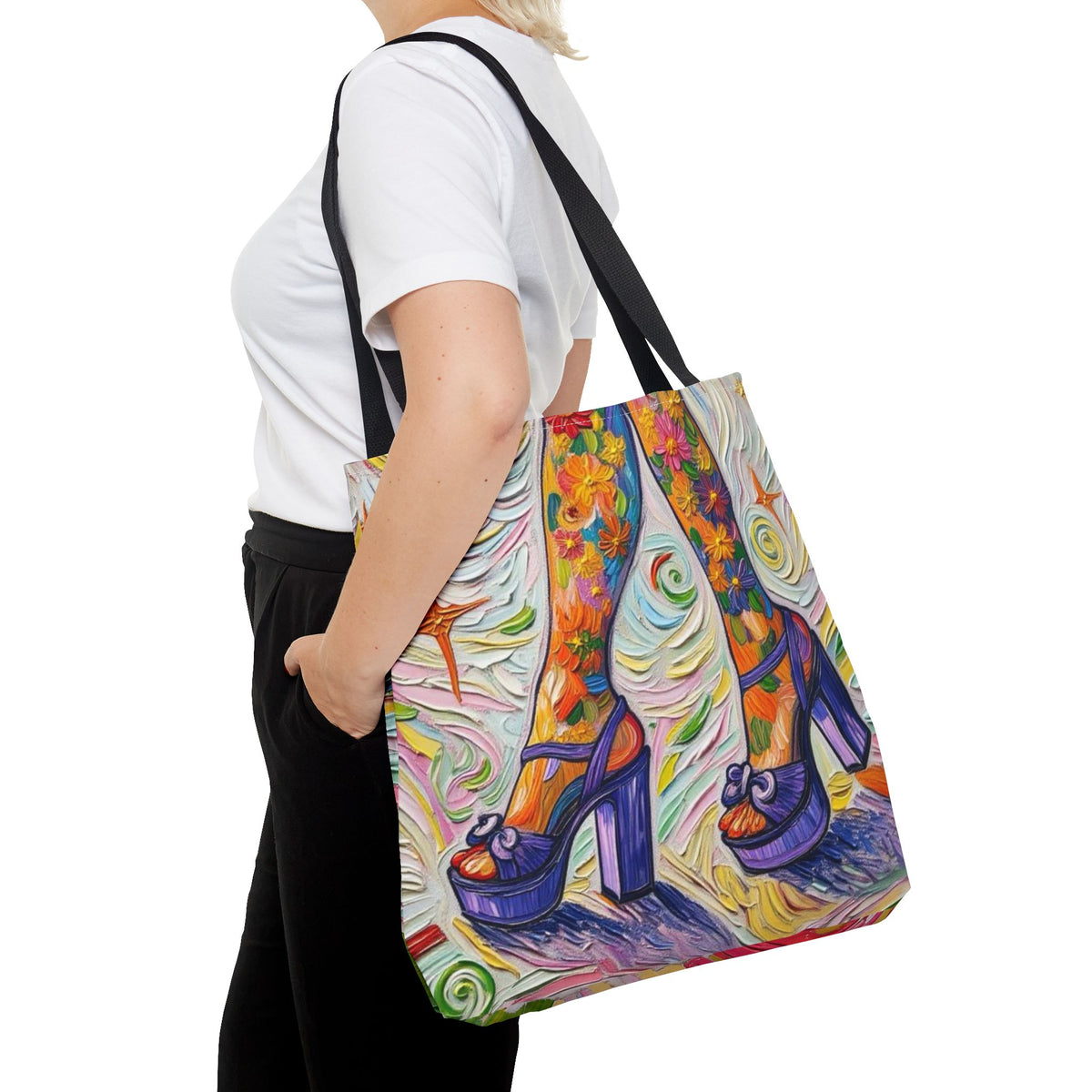 Tote Bag - All-Over Print - Flowered Legs with Purple Platform Shoes - Colorful Artistic Painterly Style - 'Saturday Sparkle'
