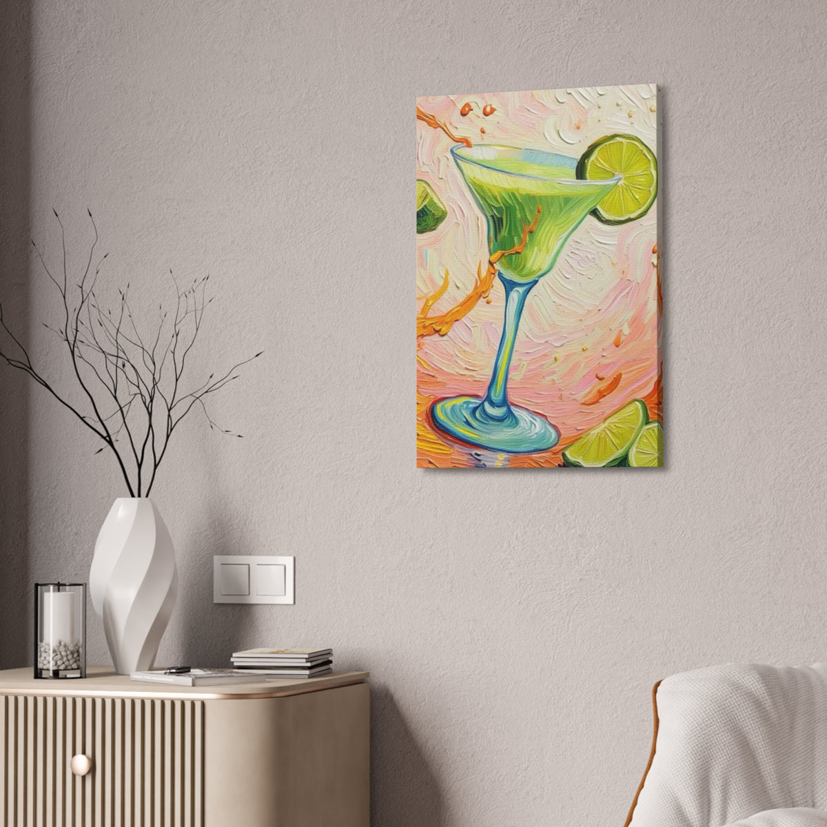 Canvas Wall Art - Green Refreshing Citrus Drink -Splashes of Orange - Artistic Painterly Style - Impasto Design Print - 'Citrus Splash'