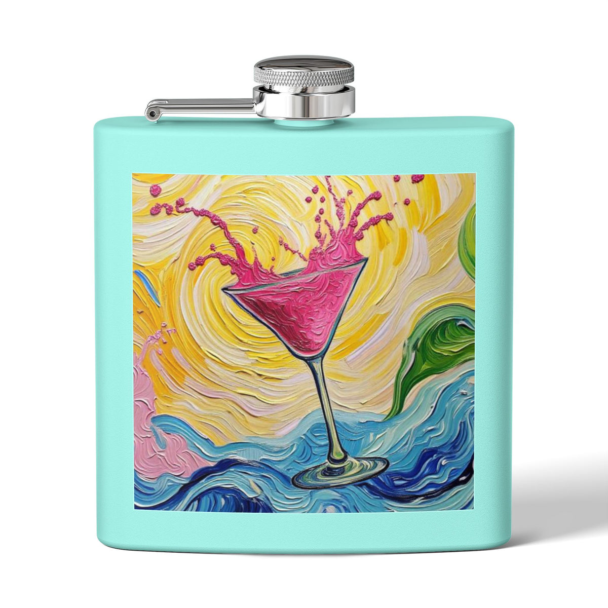 Flask - Stainless Steel 6oz  - Colorful Hot Pink Martini Splash Whimsical Artwork - 'Sway & Sip'