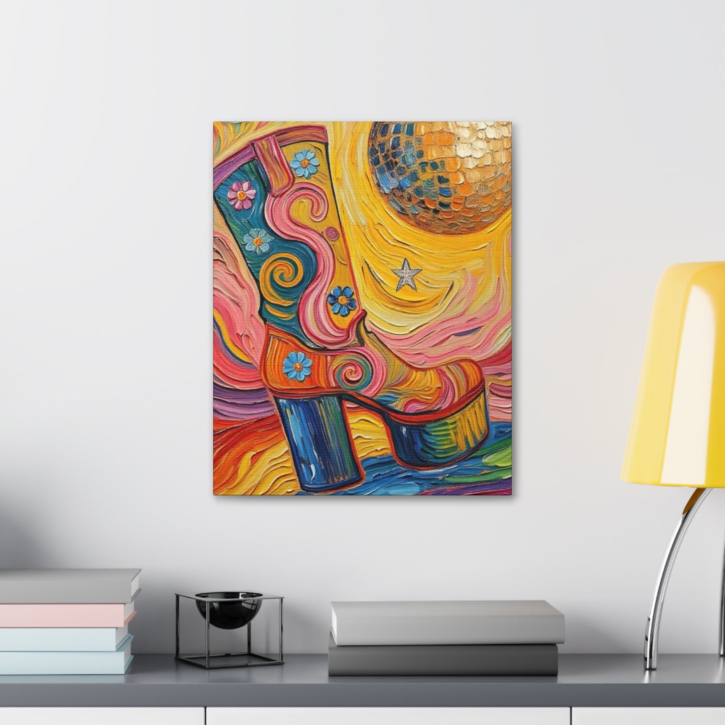 Canvas Wall Art - Colorful Retro Disco High Heel Platform Boot - Painterly Style Design - ' Boogie Nights'