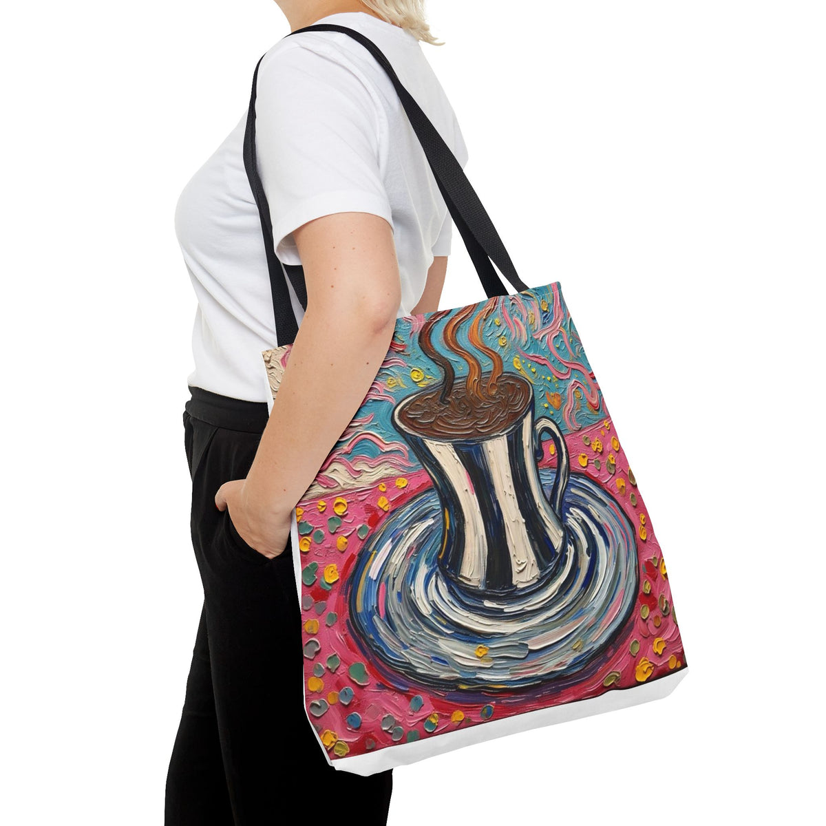 Tote Bag - Colorful Striped Coffee Cup - Painterly Style Design  - 'Mocha Dreams'