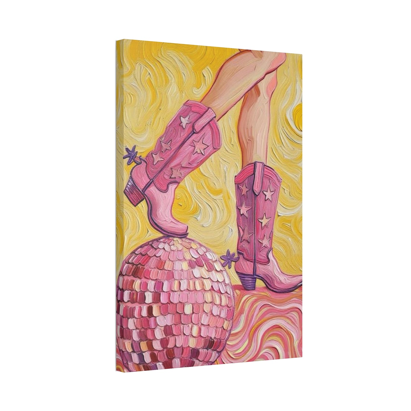 Canvas Wall Art - Pink Cowboy Boots - Disco Ball - Artistic Painterly Style - Impasto Design Print - 'Disco Cowgirl'