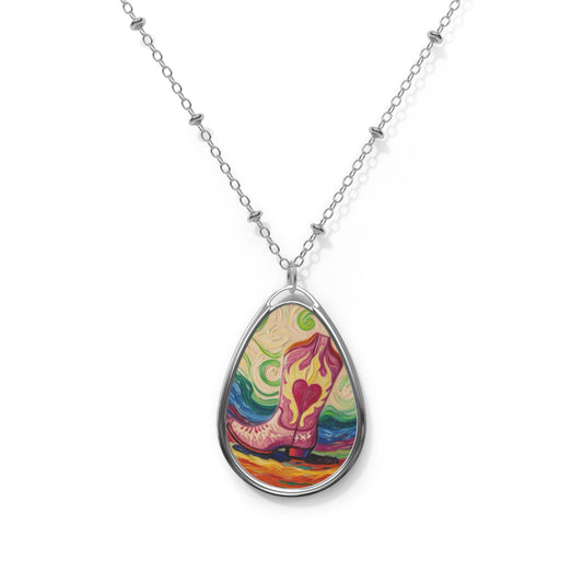 Cowgirl Heart Boot Oval Pendant - Whimsical colorful artistic design - 'Kick'n up Dust'