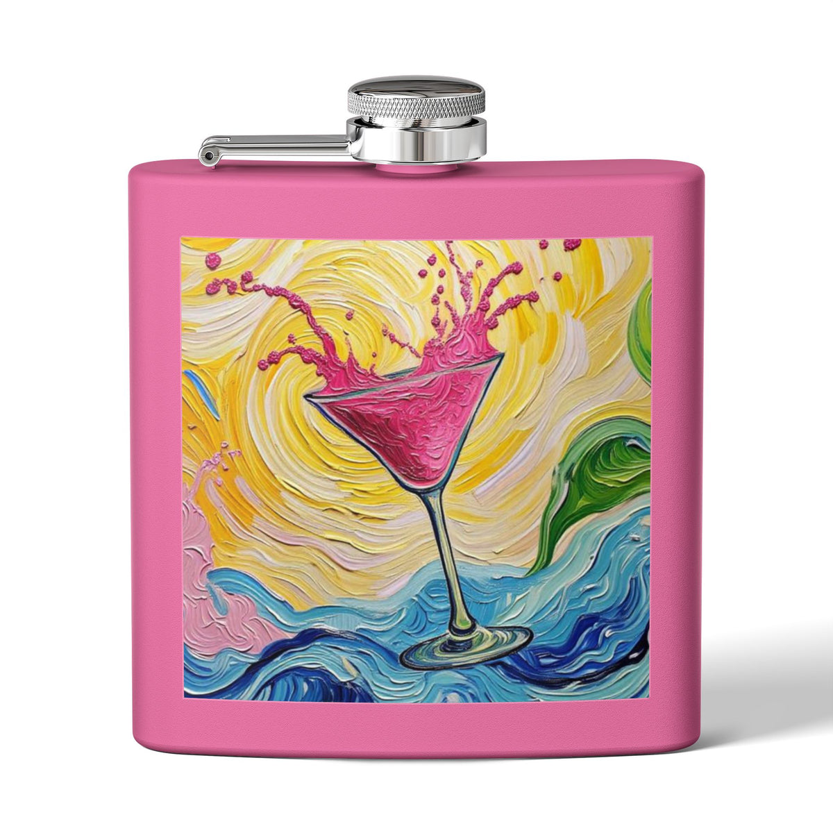 Flask - Stainless Steel 6oz  - Colorful Hot Pink Martini Splash Whimsical Artwork - 'Sway & Sip'