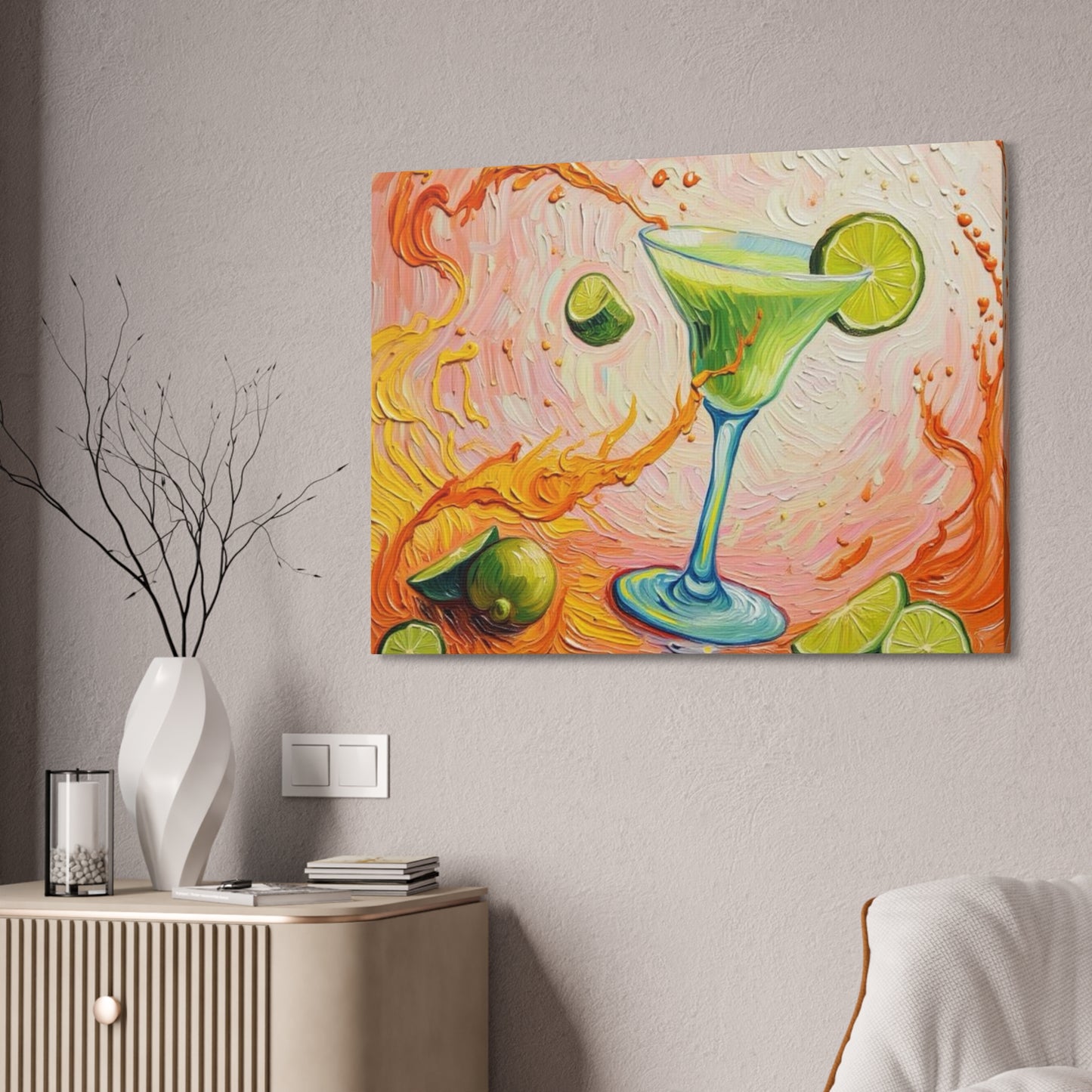 Canvas Wall Art - Green Refreshing Citrus Drink -Splashes of Orange - Artistic Painterly Style - Impasto Design Print - 'Citrus Splash'