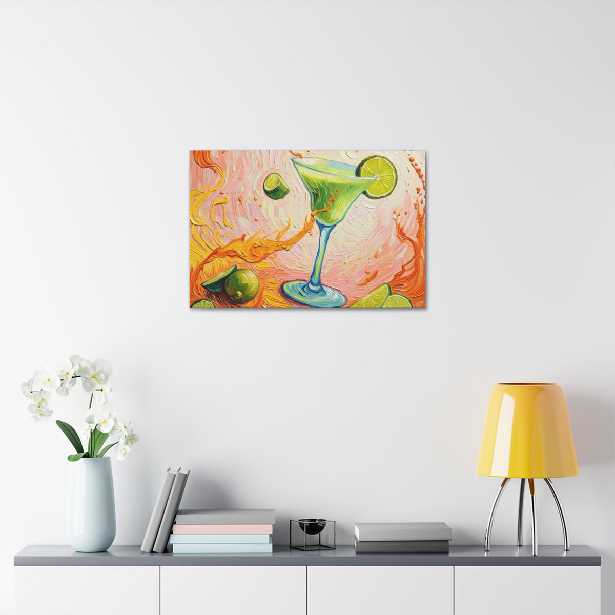 Canvas Wall Art - Green Refreshing Citrus Drink -Splashes of Orange - Artistic Painterly Style - Impasto Design Print - 'Citrus Splash'