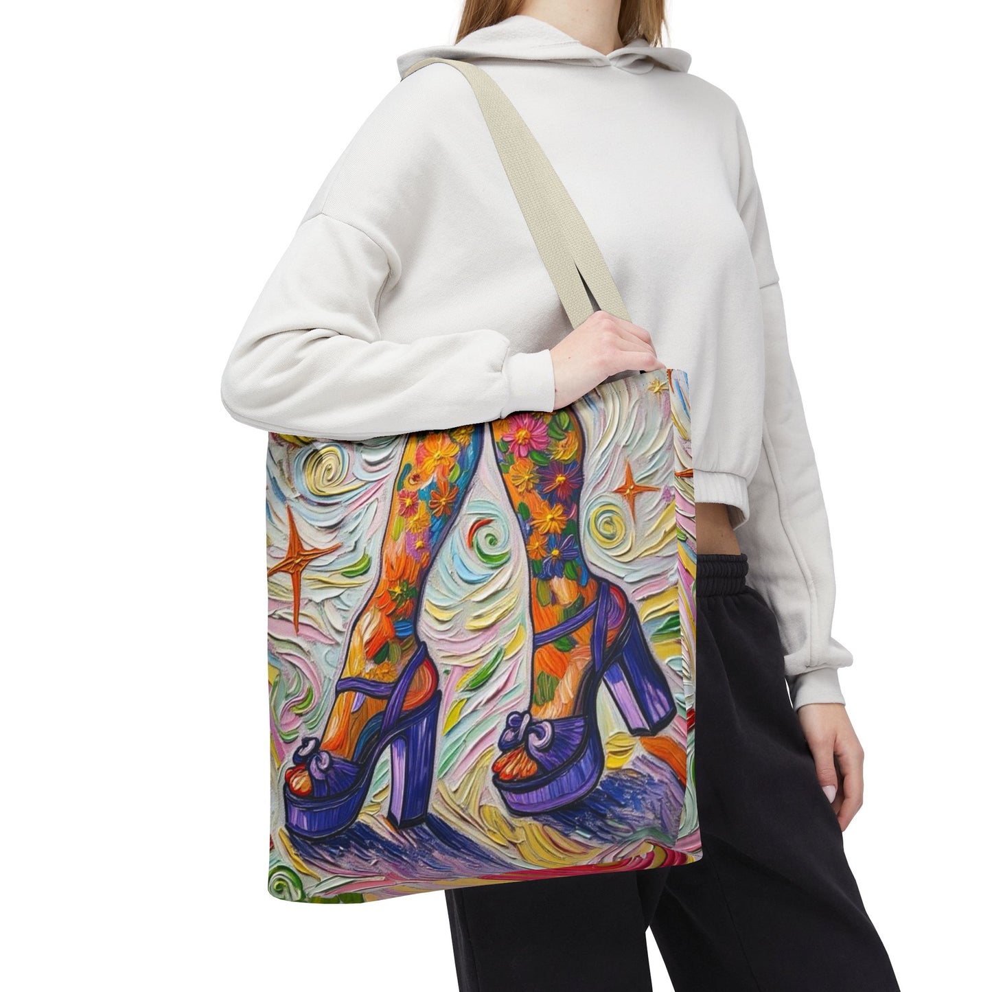 Tote Bag - All-Over Print - Flowered Legs with Purple Platform Shoes - Colorful Artistic Painterly Style - 'Saturday Sparkle'