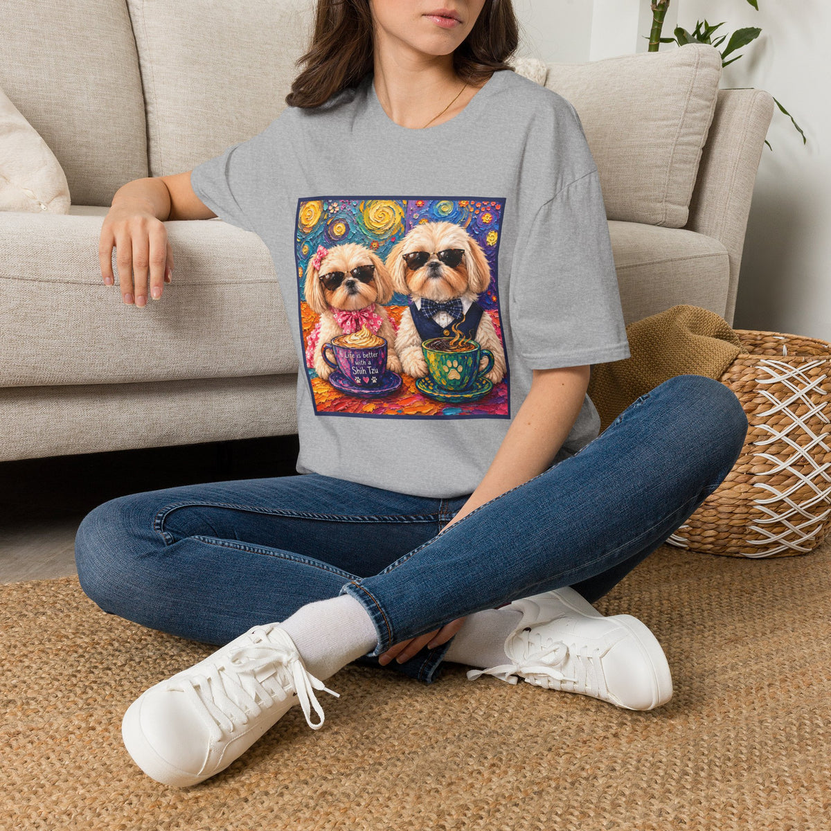 Shih Tzu Coffee Date T-Shirt - Cute Couple - Dogs with Teacups - Paws for Coffee