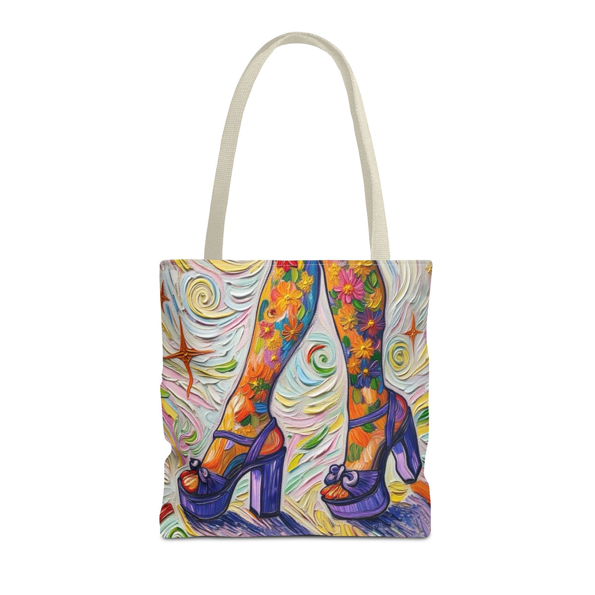 Tote Bag - All-Over Print - Flowered Legs with Purple Platform Shoes - Colorful Artistic Painterly Style - 'Saturday Sparkle'