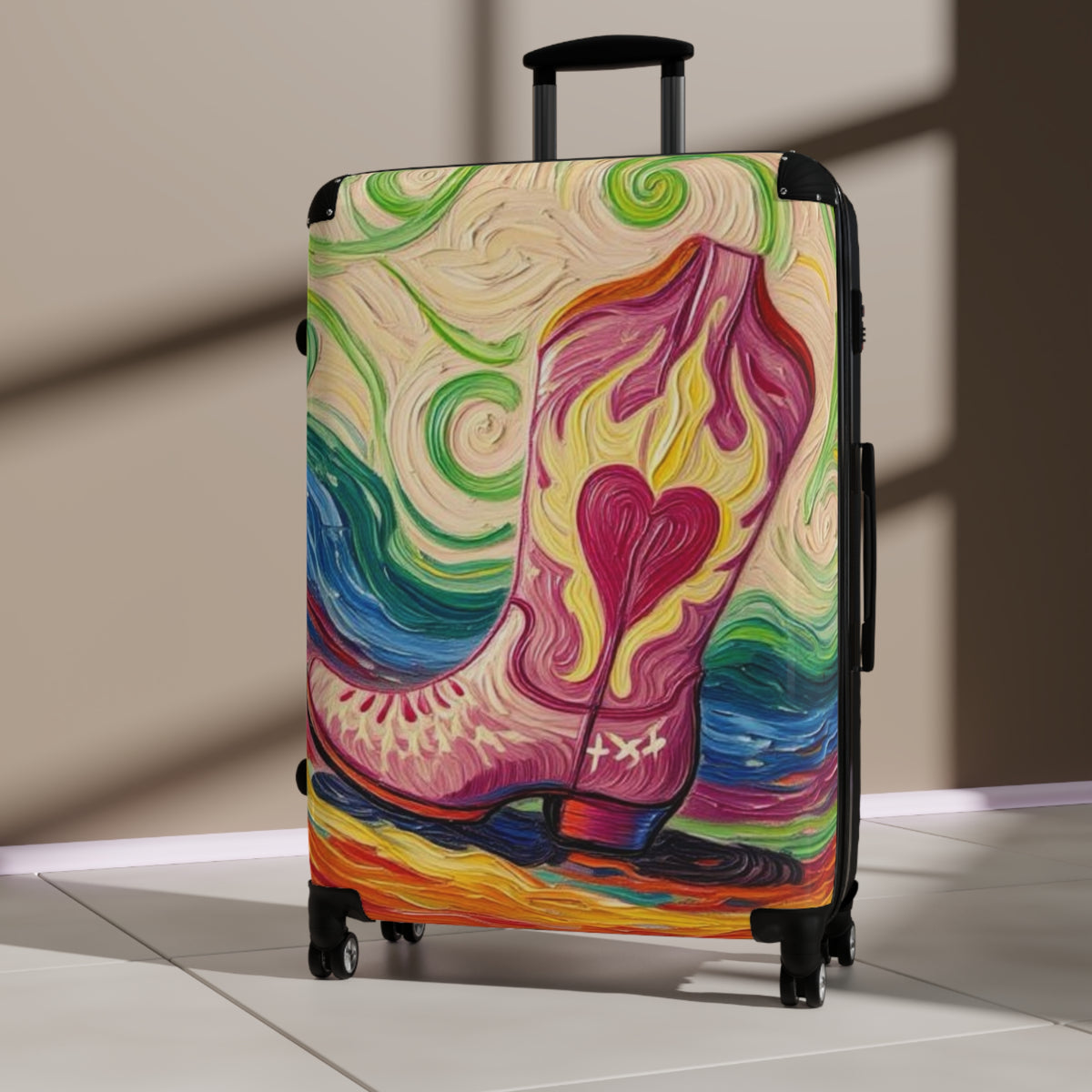 Luggage - Suitcases - Carry-on - Pink Heart Cowgirl Boot Painterly Style Artistic Rolling Suitcase - 'Kick'n up Dust'