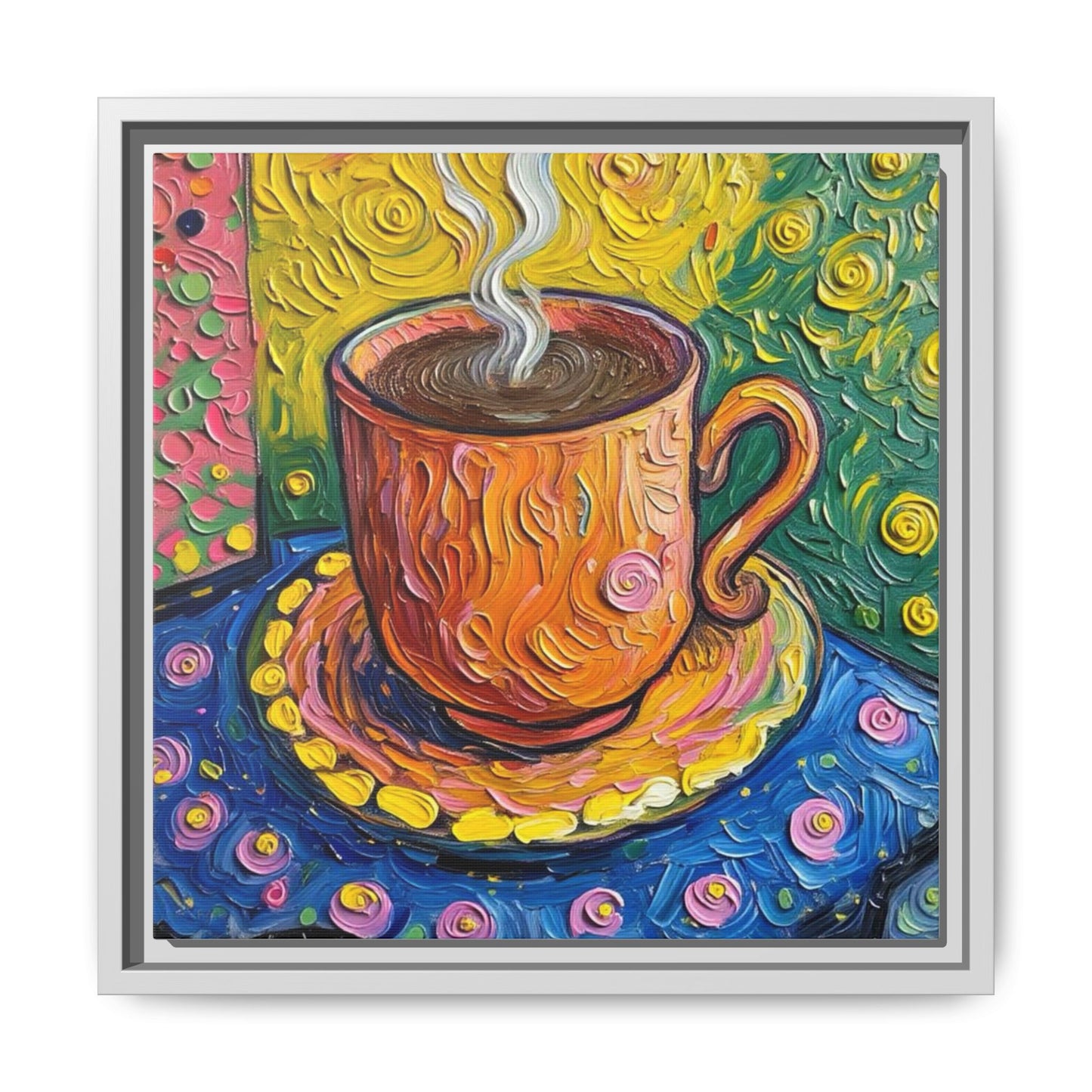 Framed Matte Canvas Art - Colorful Whimsical Coffee Cup Painting