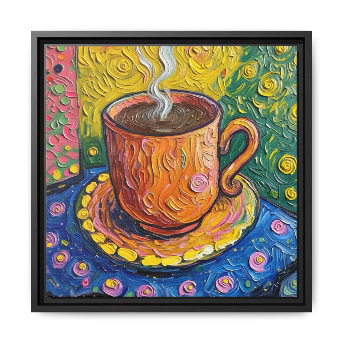 Framed Matte Canvas Art - Colorful Whimsical Coffee Cup Painting