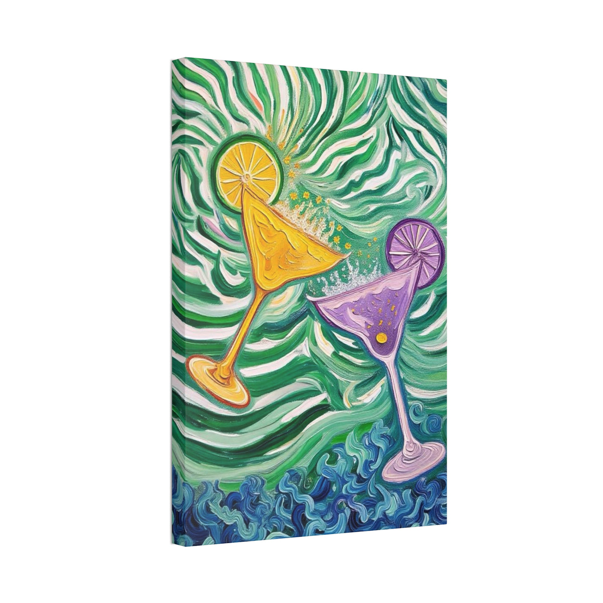 Canvas Wall Art - Yellow and Purple floating Cocktails - Artistic Painterly Style - Impasto Design Print - 'Green Rush'