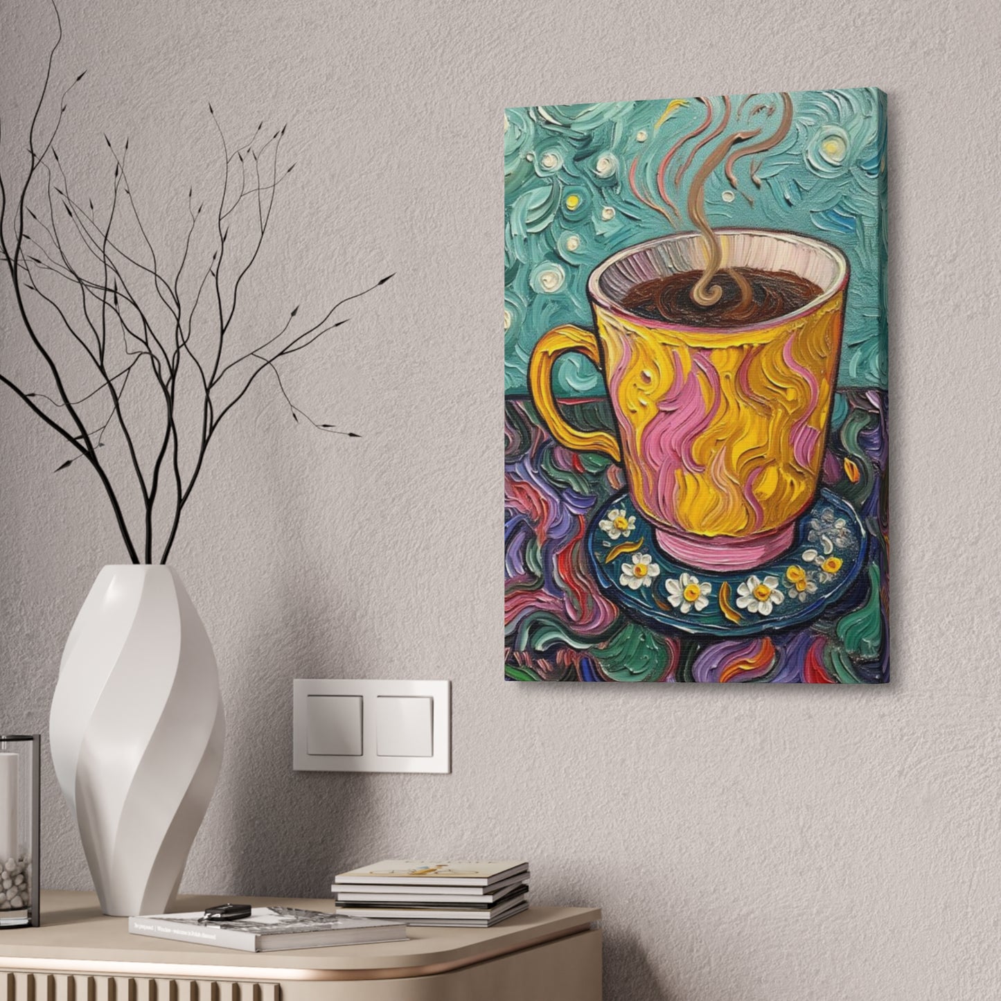 Coffee Cup Canvas Wall Art – Colorful Textured Painting of Steaming Mug