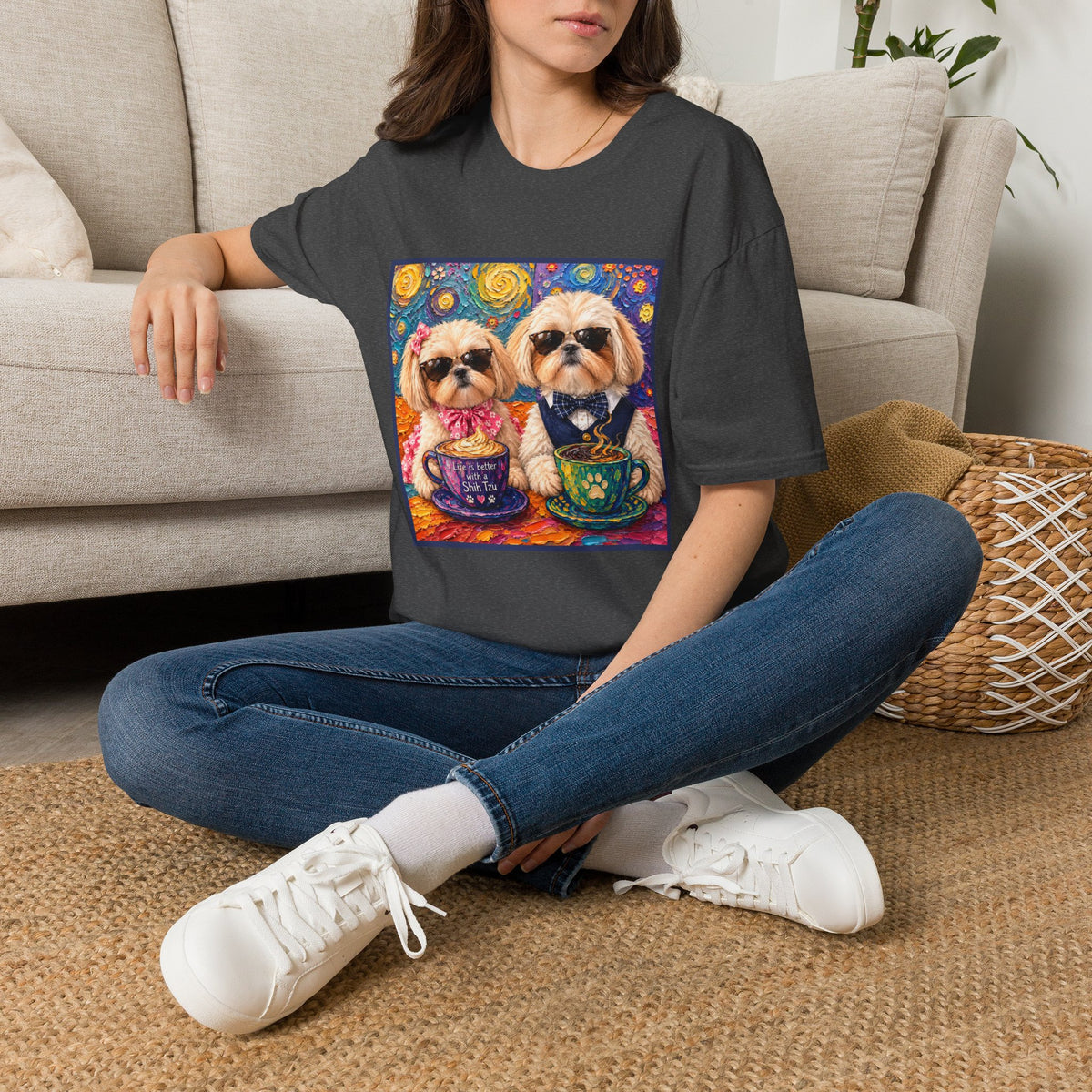 Shih Tzu Coffee Date T-Shirt - Cute Couple - Dogs with Teacups - Paws for Coffee