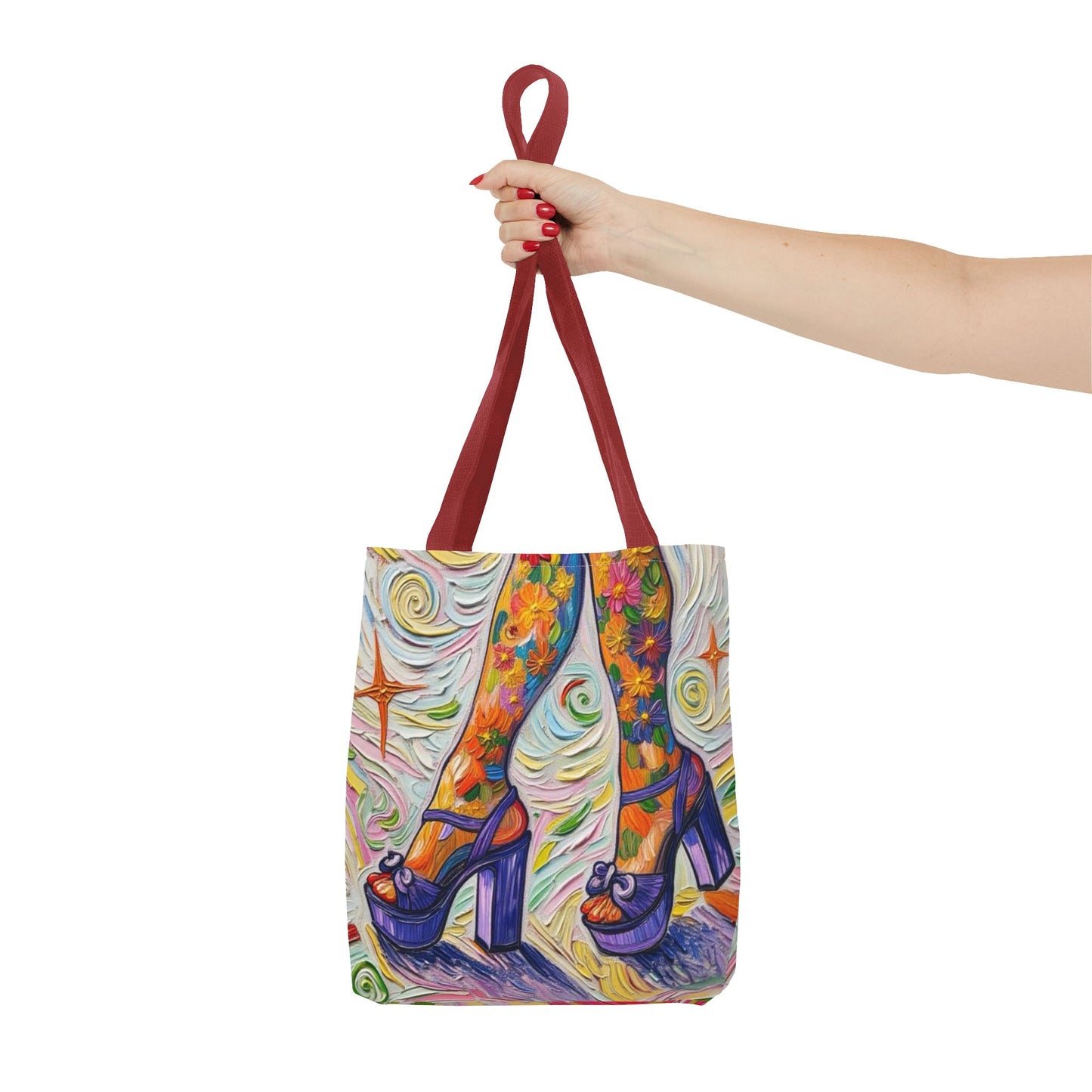 Tote Bag - All-Over Print - Flowered Legs with Purple Platform Shoes - Colorful Artistic Painterly Style - 'Saturday Sparkle'