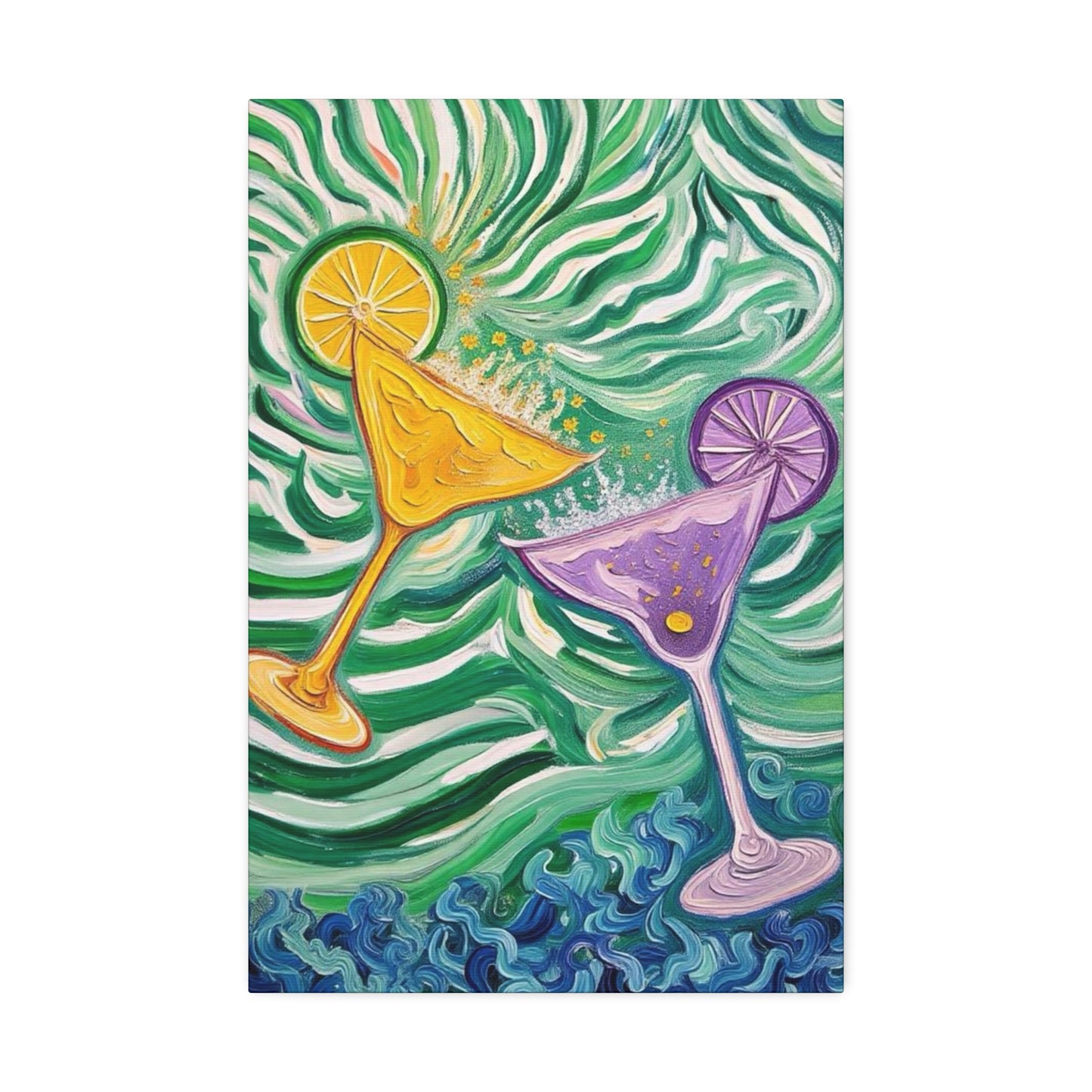 Canvas Wall Art - Yellow and Purple floating Cocktails - Artistic Painterly Style - Impasto Design Print - 'Green Rush'