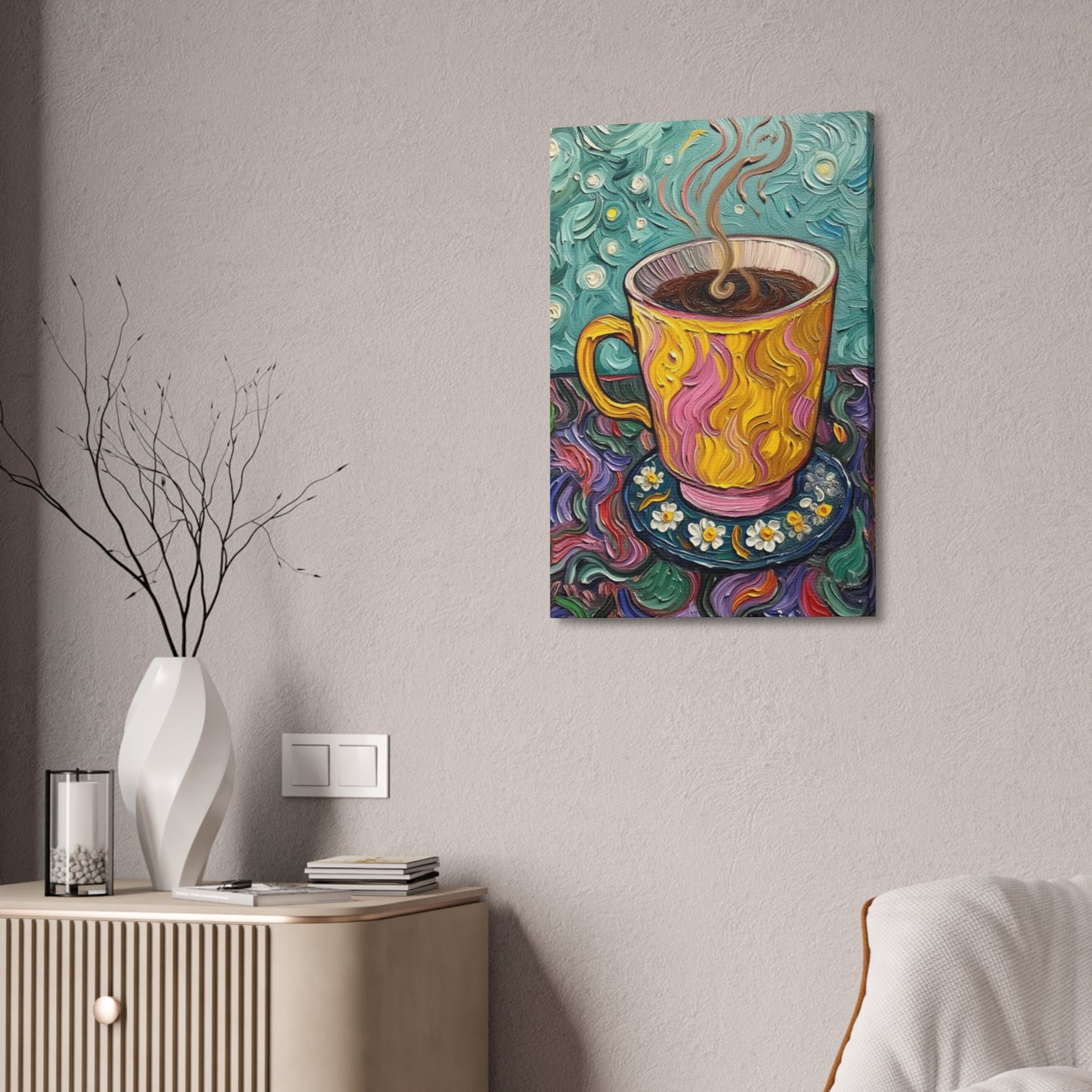 Coffee Cup Canvas Wall Art – Colorful Textured Painting of Steaming Mug