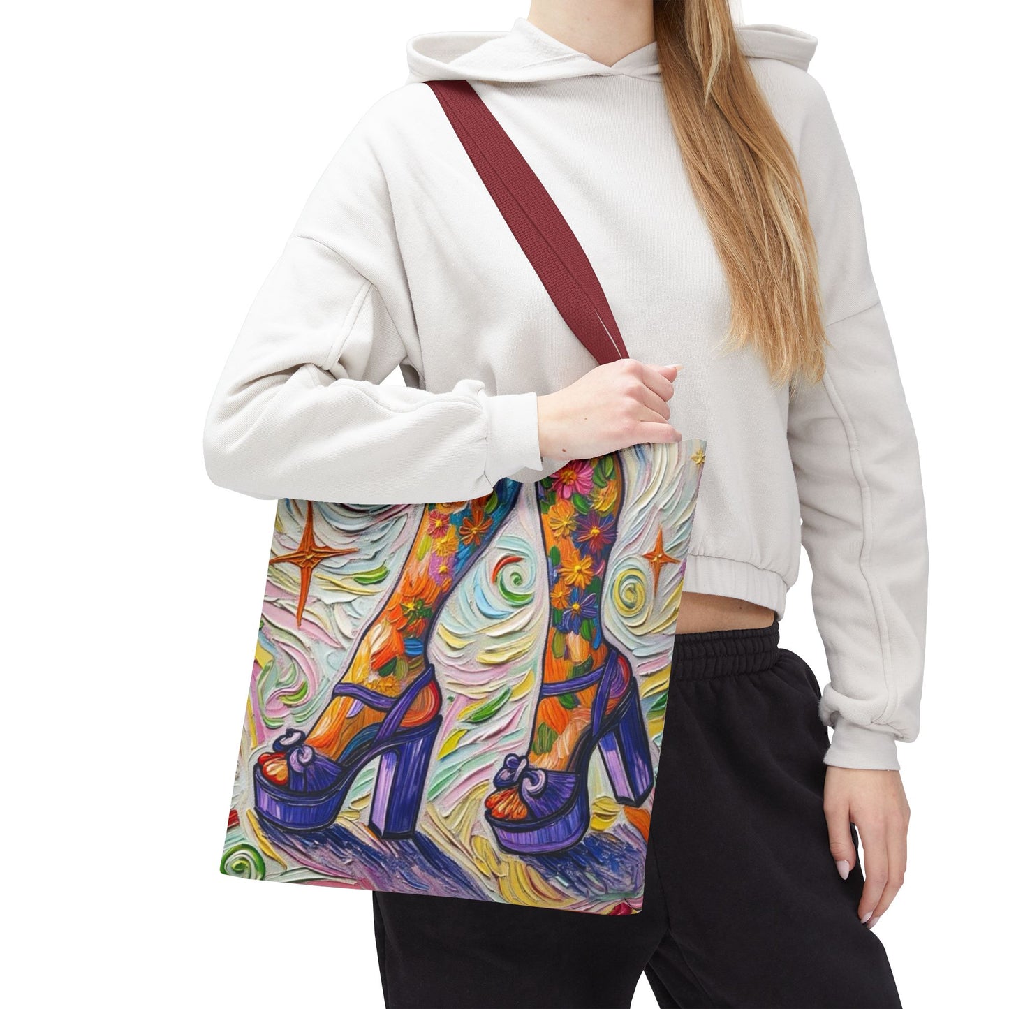 Tote Bag - All-Over Print - Flowered Legs with Purple Platform Shoes - Colorful Artistic Painterly Style - 'Saturday Sparkle'