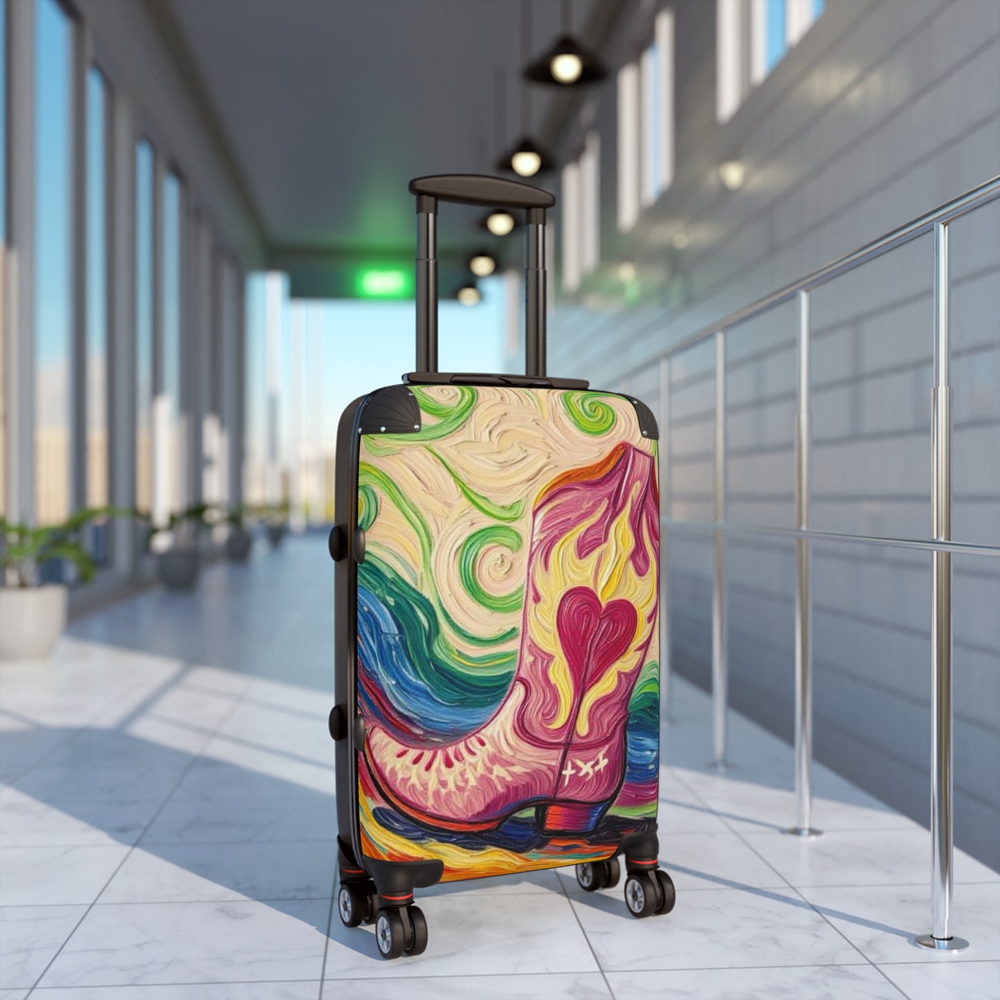 Luggage - Suitcases - Carry-on - Pink Heart Cowgirl Boot Painterly Style Artistic Rolling Suitcase - 'Kick'n up Dust'