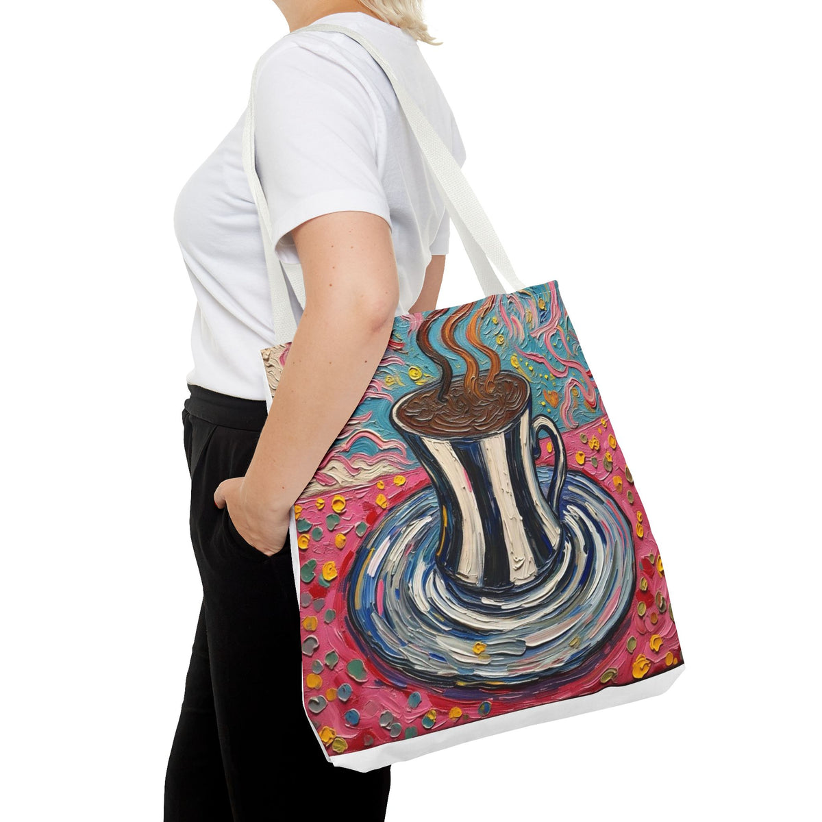Tote Bag - Colorful Striped Coffee Cup - Painterly Style Design  - 'Mocha Dreams'