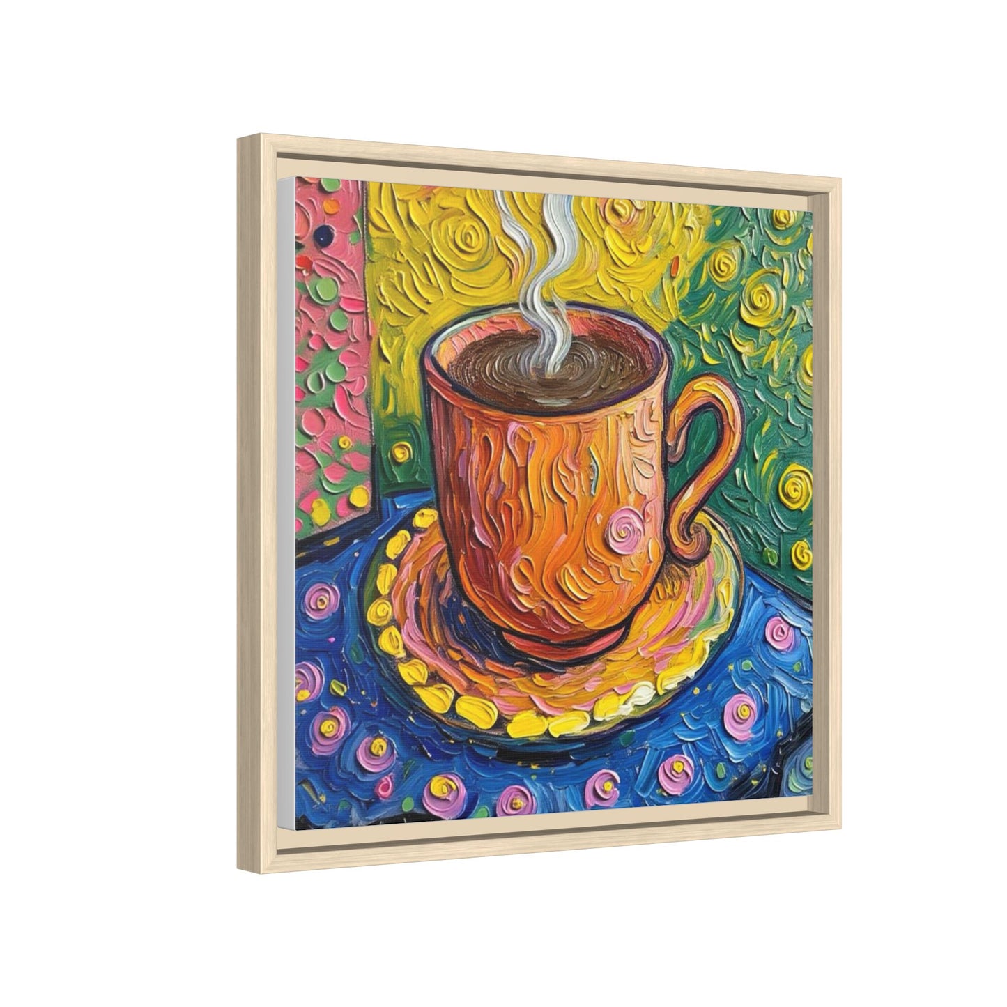 Framed Matte Canvas Art - Colorful Whimsical Coffee Cup Painting