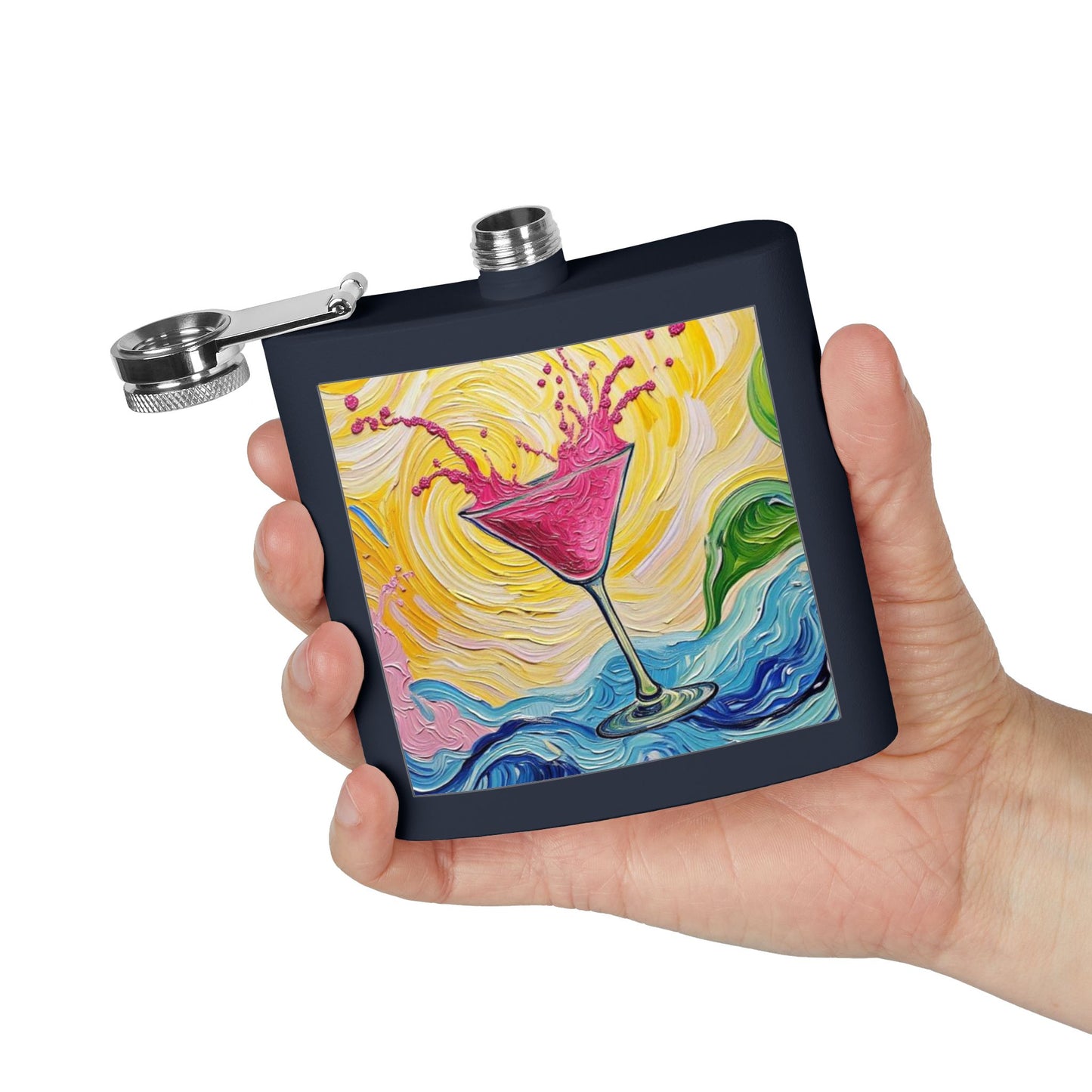 Flask - Stainless Steel 6oz  - Colorful Hot Pink Martini Splash Whimsical Artwork - 'Sway & Sip'