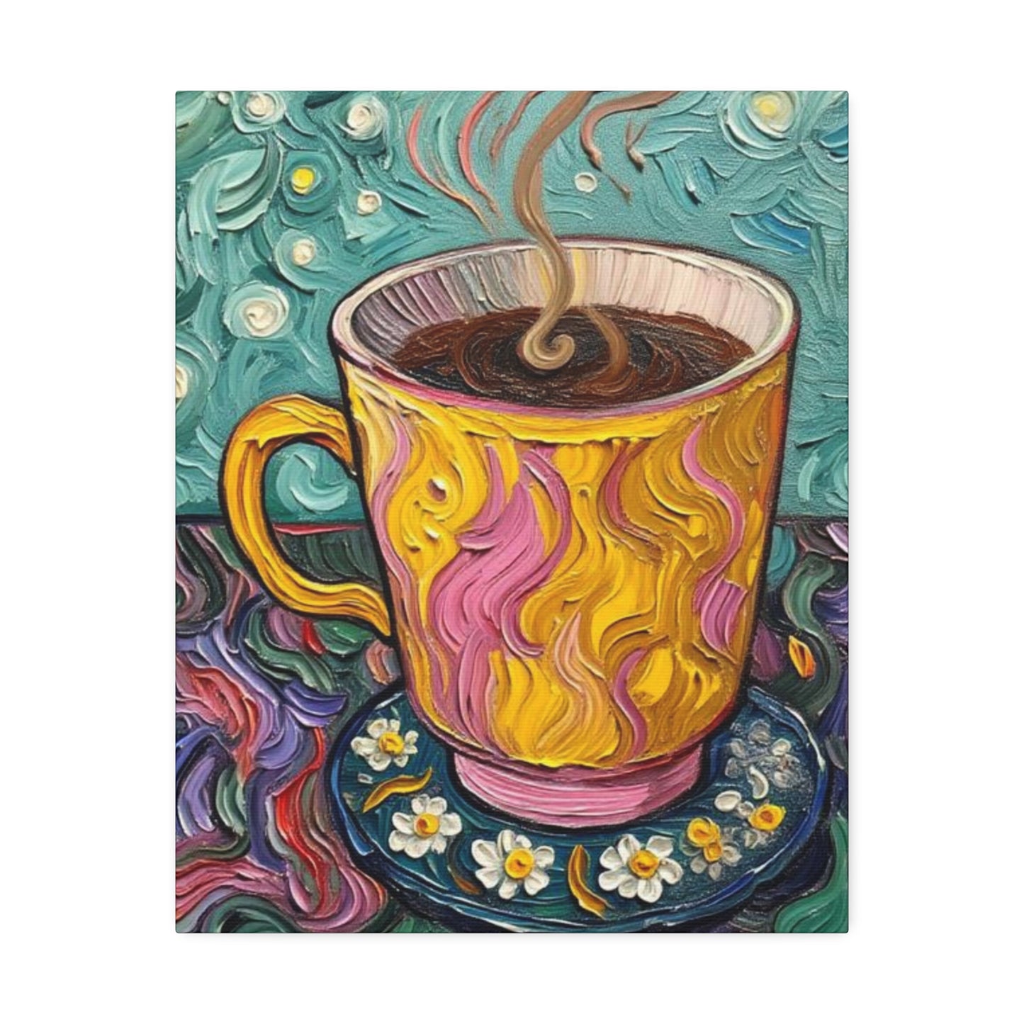 Coffee Cup Canvas Wall Art – Colorful Textured Painting of Steaming Mug