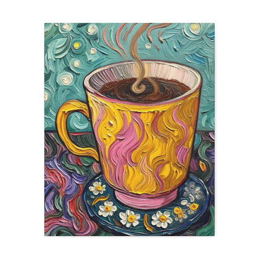 Coffee Cup Canvas Wall Art – Colorful Textured Painting of Steaming Mug