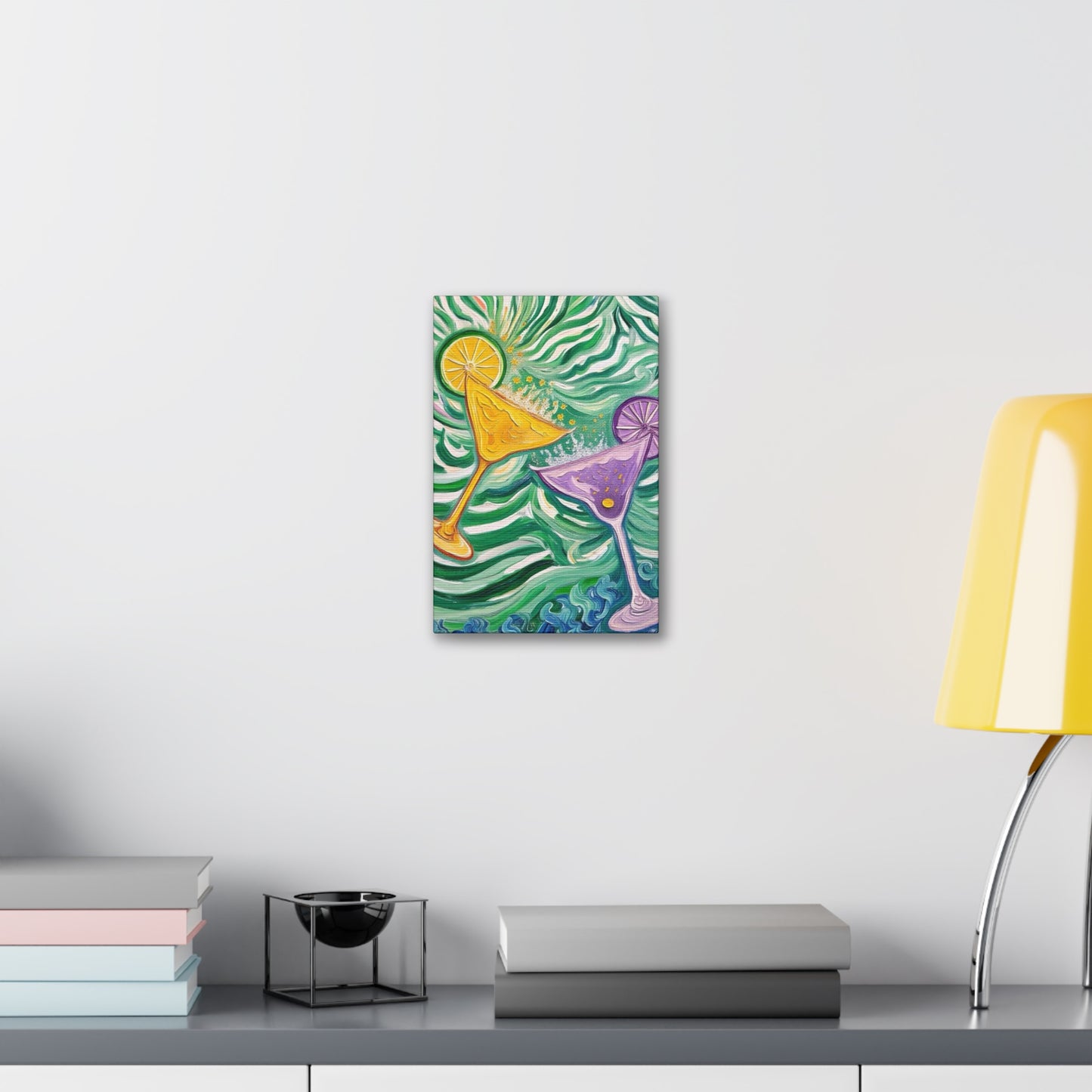 Canvas Wall Art - Yellow and Purple floating Cocktails - Artistic Painterly Style - Impasto Design Print - 'Green Rush'