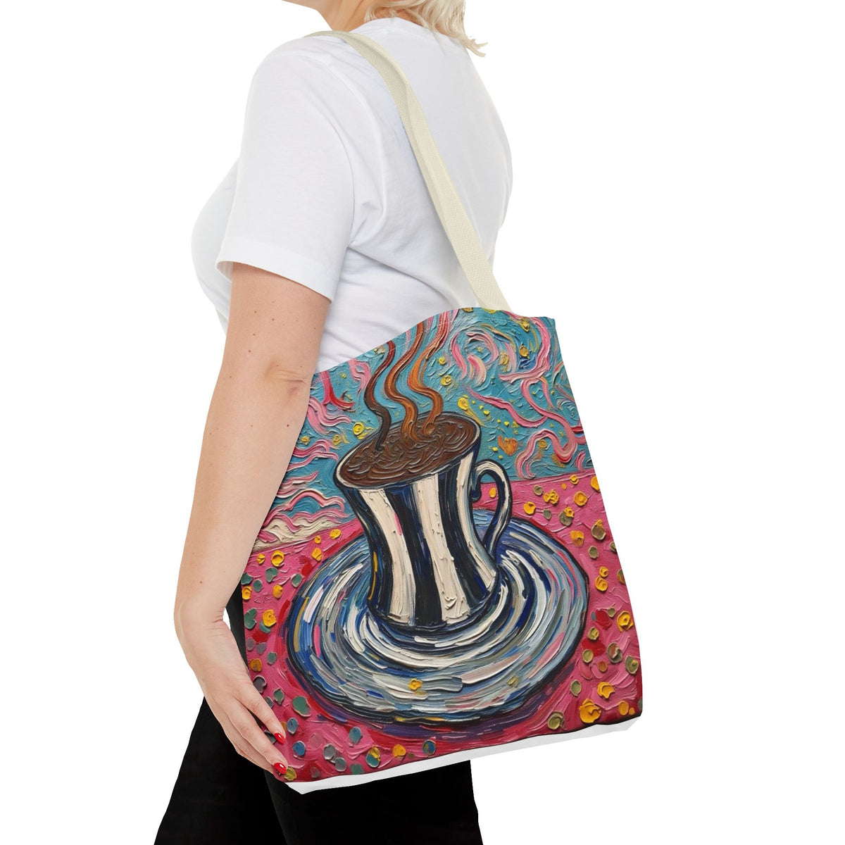 Tote Bag - Colorful Striped Coffee Cup - Painterly Style Design  - 'Mocha Dreams'