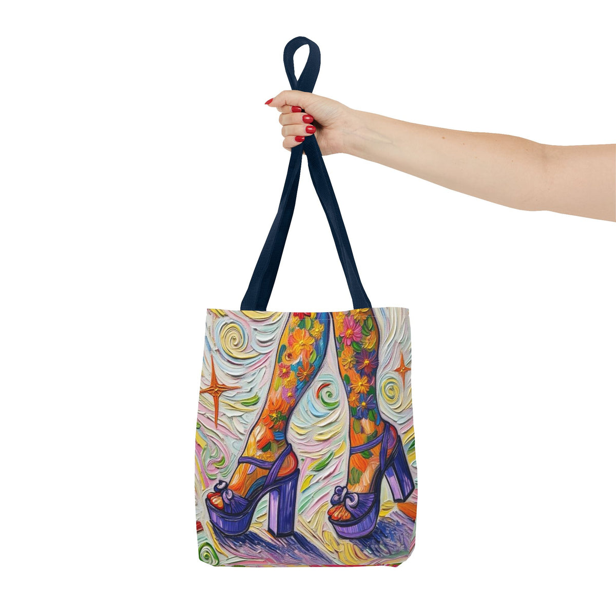 Tote Bag - All-Over Print - Flowered Legs with Purple Platform Shoes - Colorful Artistic Painterly Style - 'Saturday Sparkle'