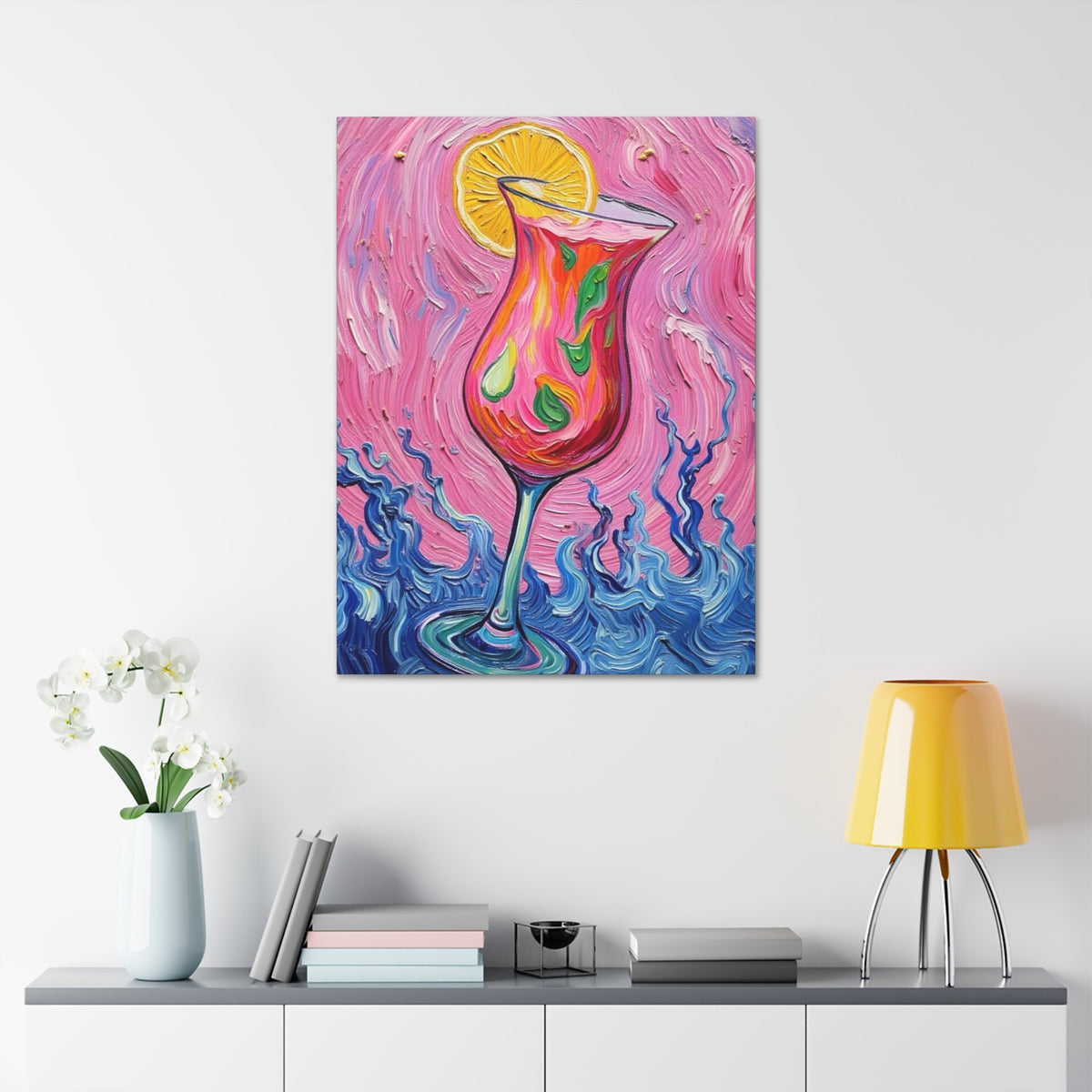 Canvas Wall Art - Vibrant Floating Pink Drink - Tropical Artistic Painterly Design - 'Ocean Splash'