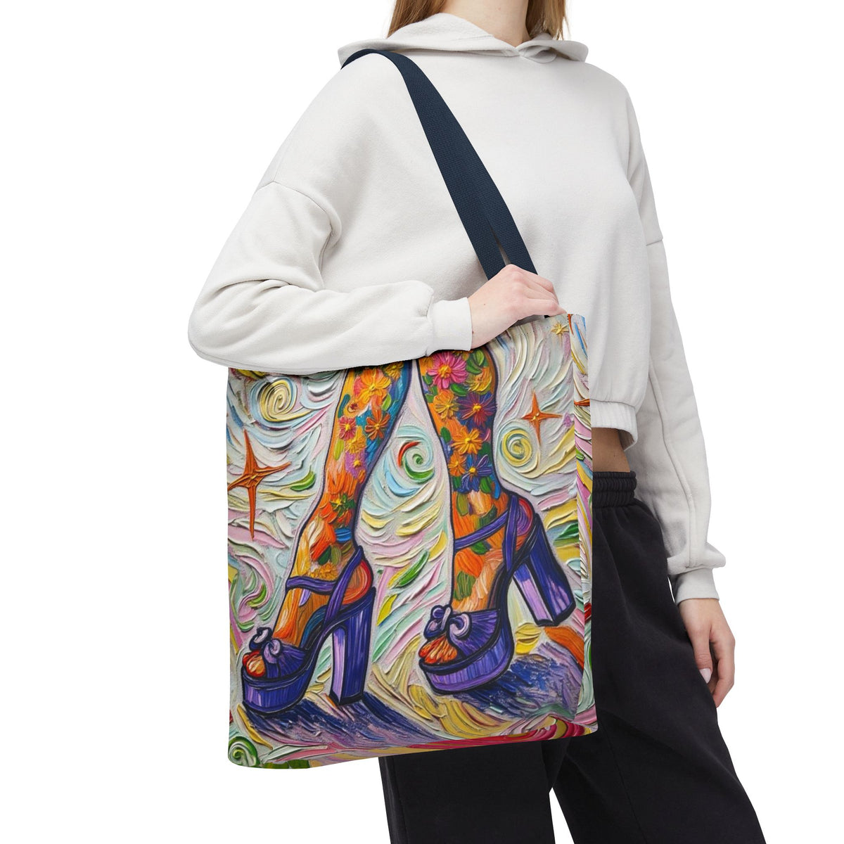 Tote Bag - All-Over Print - Flowered Legs with Purple Platform Shoes - Colorful Artistic Painterly Style - 'Saturday Sparkle'