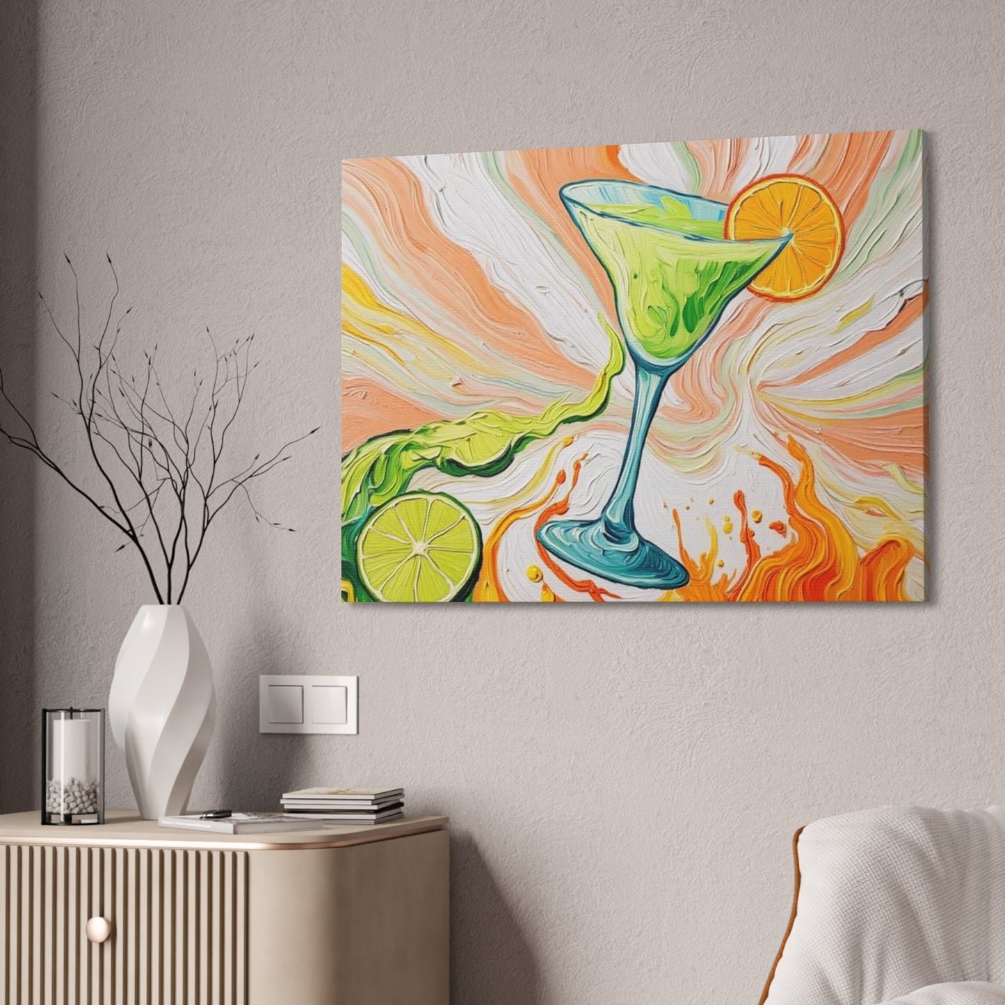 Canvas Wall Art - Orange and Green Refreshing Citrus Cocktail-Splashes of Color - Artistic Painterly Style - Impasto Design Print - 'Lime Light'