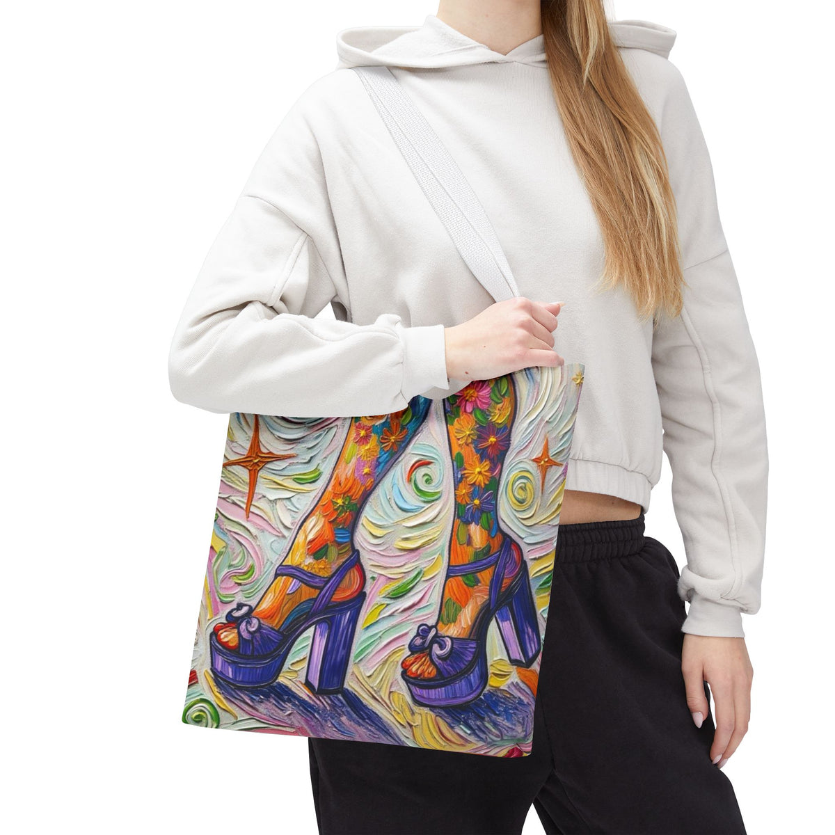 Tote Bag - All-Over Print - Flowered Legs with Purple Platform Shoes - Colorful Artistic Painterly Style - 'Saturday Sparkle'