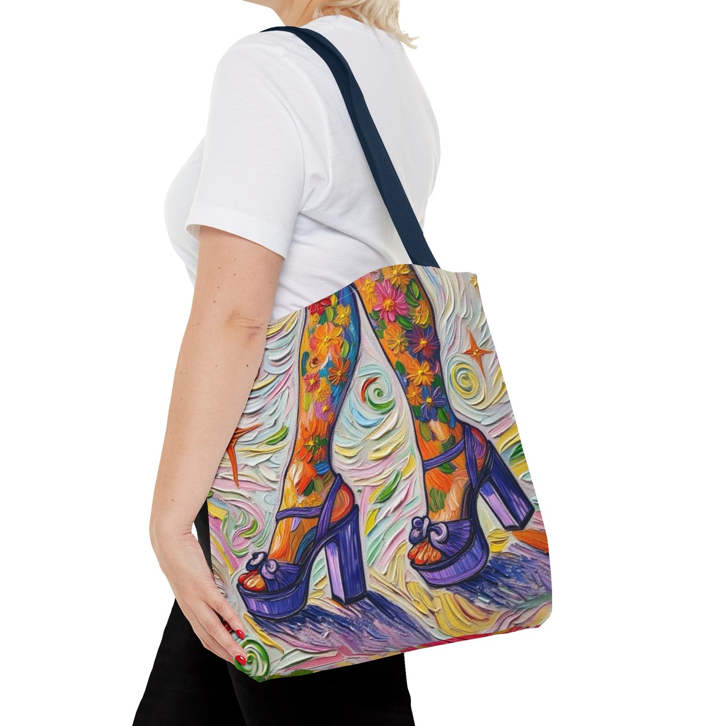 Tote Bag - All-Over Print - Flowered Legs with Purple Platform Shoes - Colorful Artistic Painterly Style - 'Saturday Sparkle'