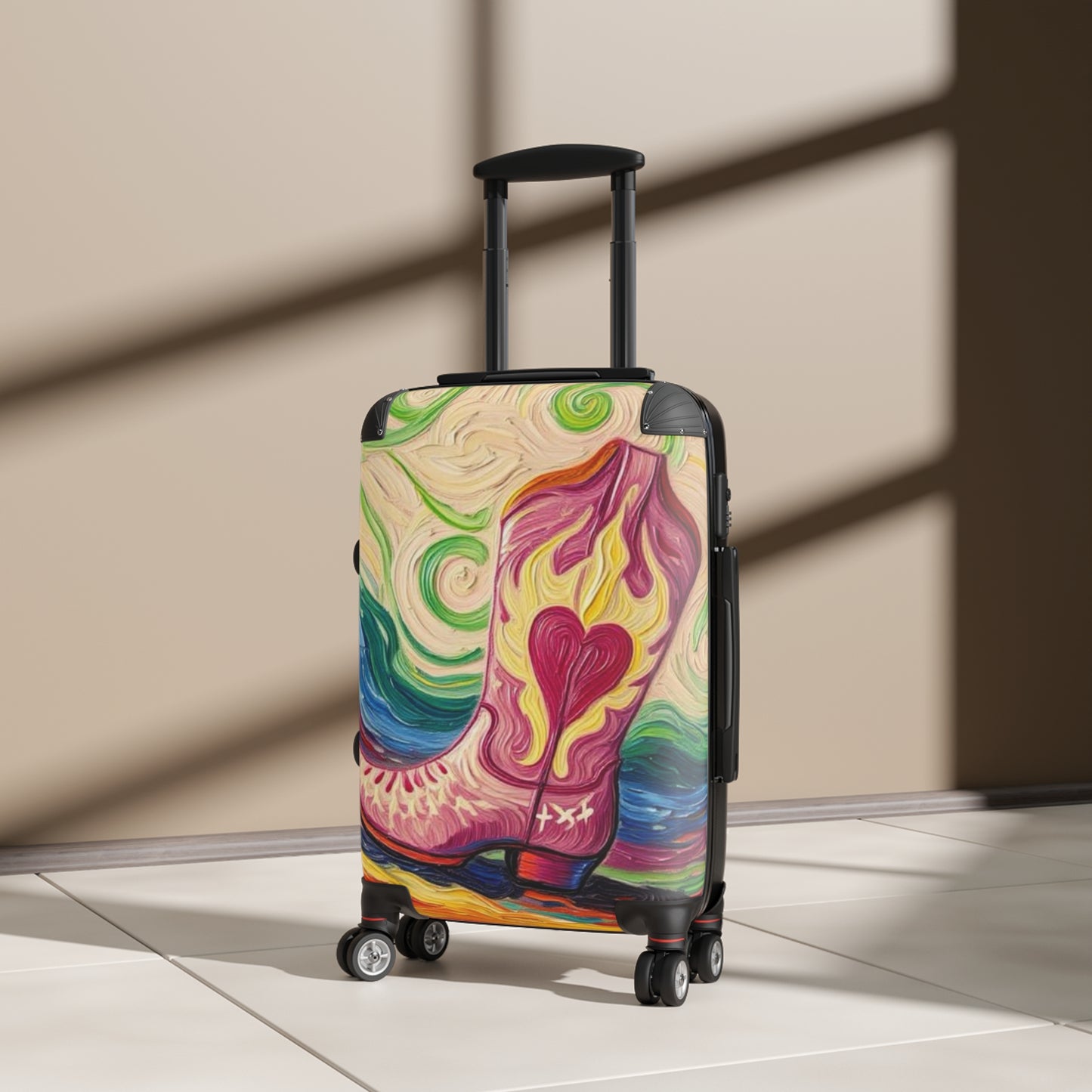Luggage - Suitcases - Carry-on - Pink Heart Cowgirl Boot Painterly Style Artistic Rolling Suitcase - 'Kick'n up Dust'