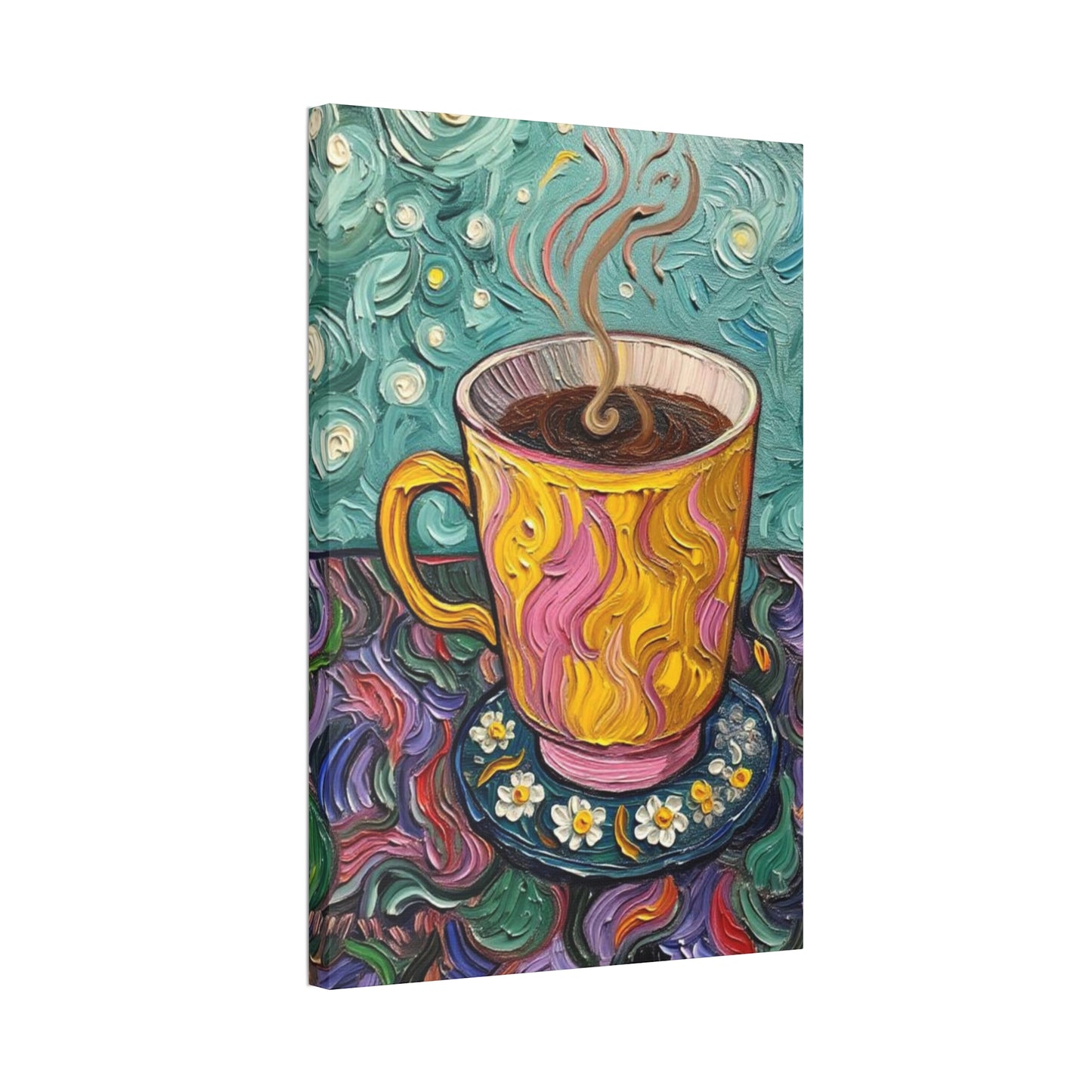 Coffee Cup Canvas Wall Art – Colorful Textured Painting of Steaming Mug