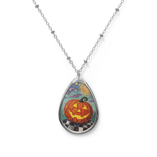 Halloween Pumpkin Oval Necklace - Artistic Jack-O'-Lantern Teardrop Artistic Pendant- 'Jack Under the Stars'