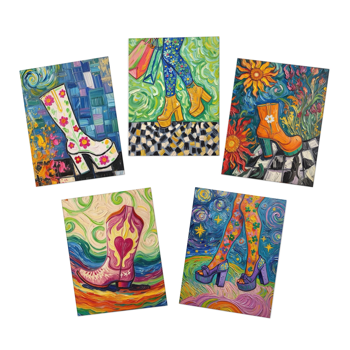 Colorful Boot Art Greeting Cards (5-Pack) — Vibrant Floral & Patterned Note Cards