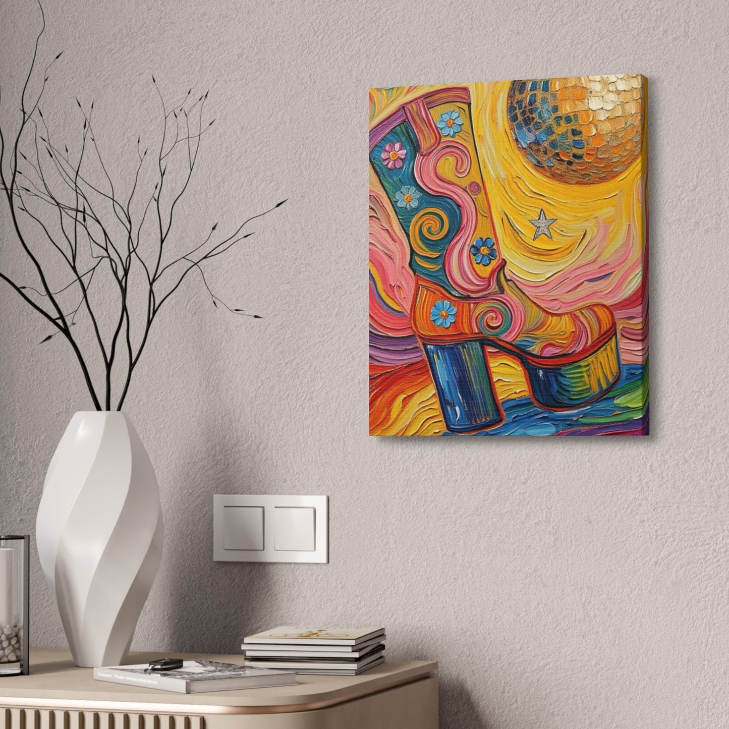 Canvas Wall Art - Colorful Retro Disco High Heel Platform Boot - Painterly Style Design - ' Boogie Nights'