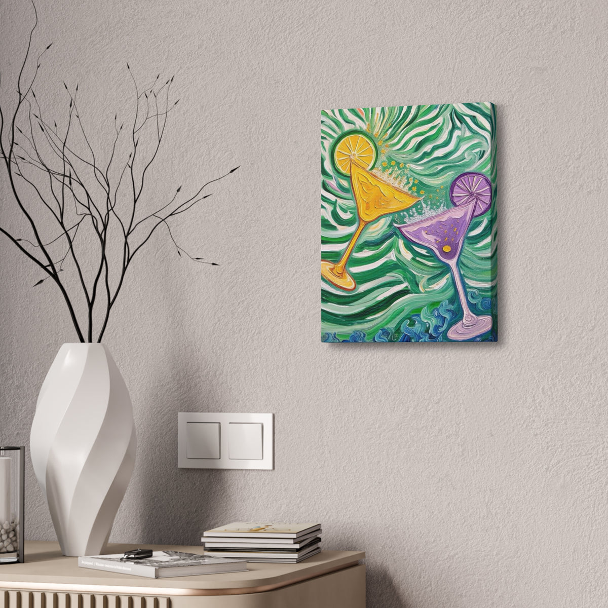 Canvas Wall Art - Yellow and Purple floating Cocktails - Artistic Painterly Style - Impasto Design Print - 'Green Rush'