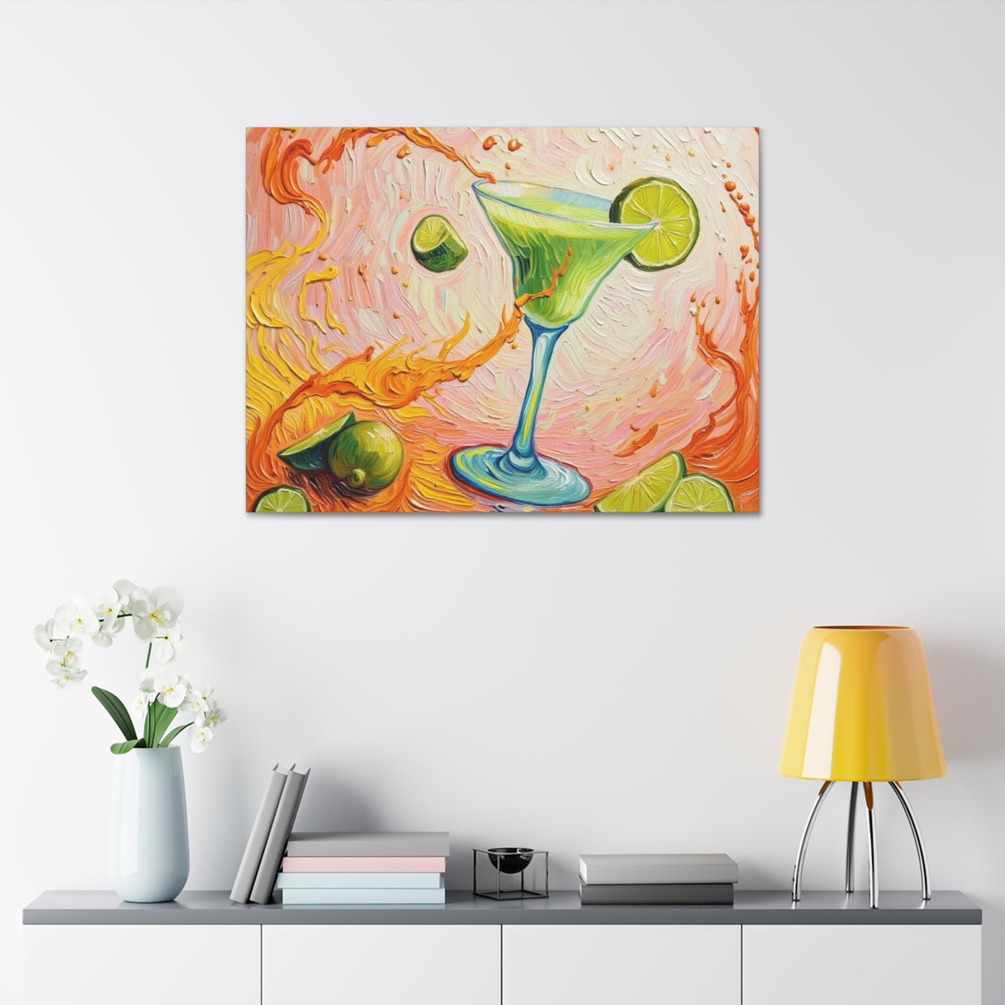 Canvas Wall Art - Green Refreshing Citrus Drink -Splashes of Orange - Artistic Painterly Style - Impasto Design Print - 'Citrus Splash'